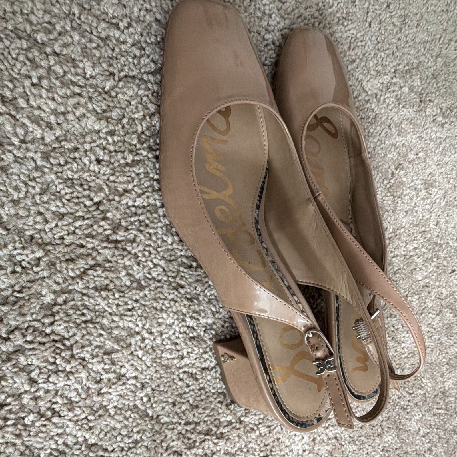 Sam Edelman Women’s Beige Patent Leather Slingback Block Heel Square Toe 11
