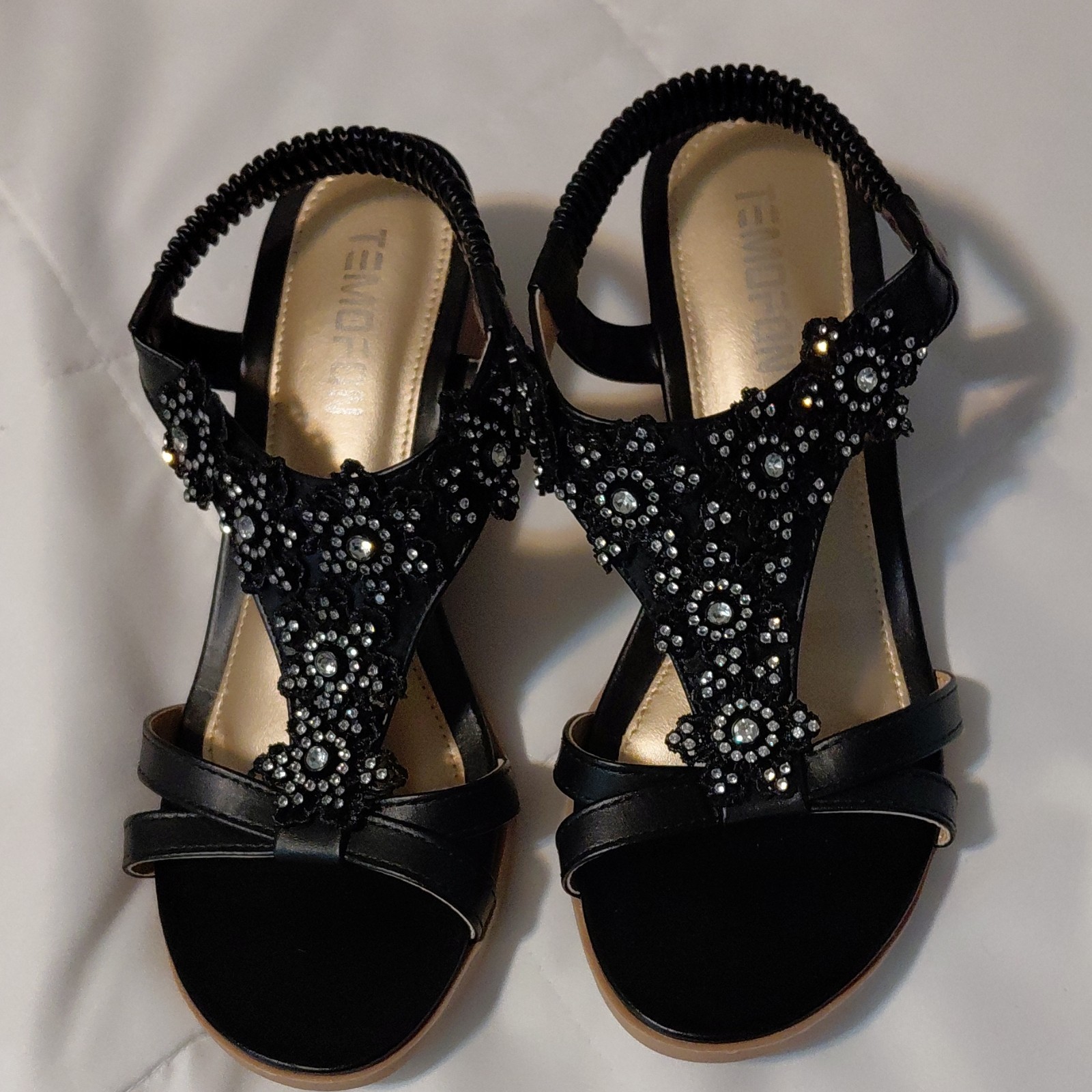 Temofon Black Synthetic Strappy Sandals Beaded Rhinestone Ankle Strap, 37, 6