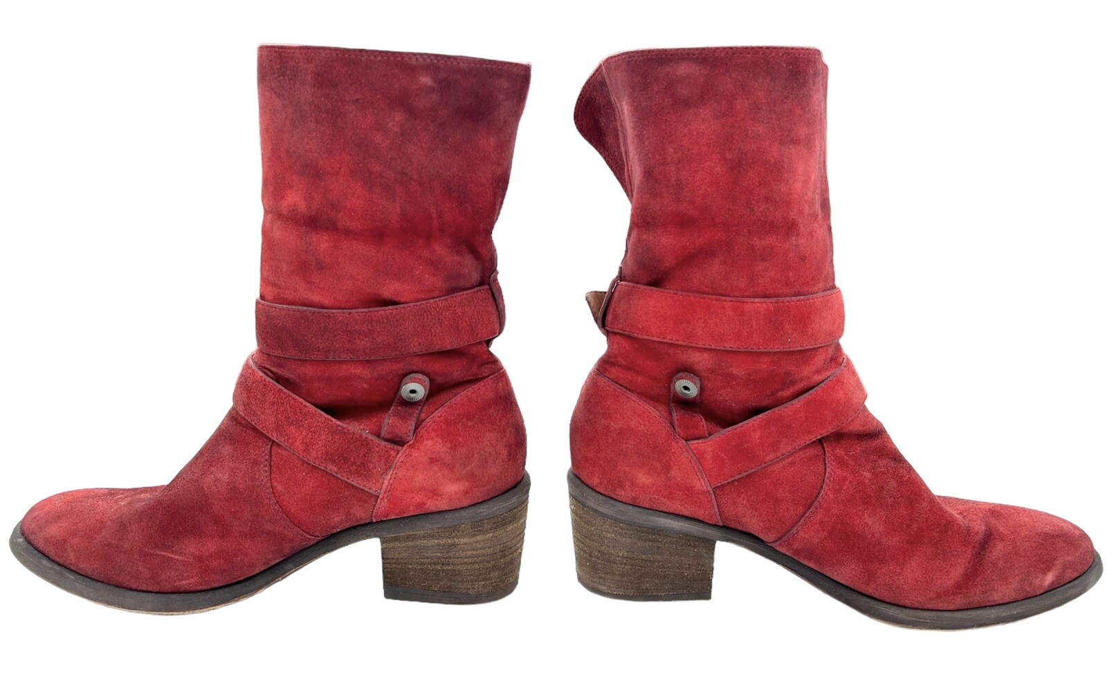 DONALD PLINER Moto Boots SIZE 6.5 Mid Calf Distressed Red Suede Buckle Fold Over