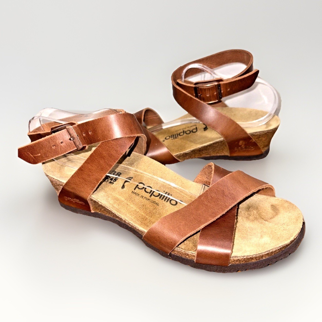Birkenstock Papillio Lola Sandals Womens 38 7 Brown Leather Wedge comfort cork
