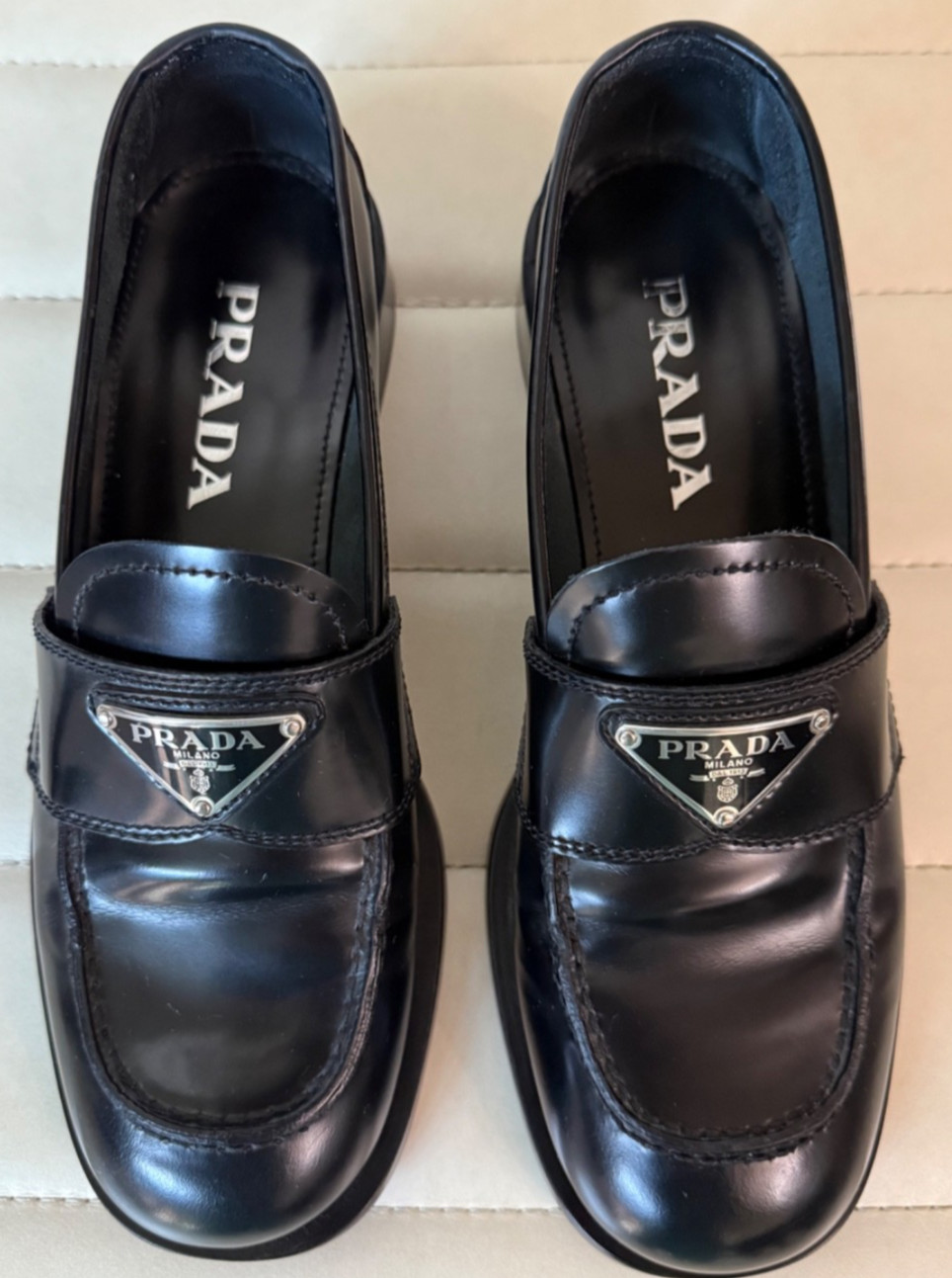 PRADA Womens Black Leather Metal Triangle Logo Loafers Shoes