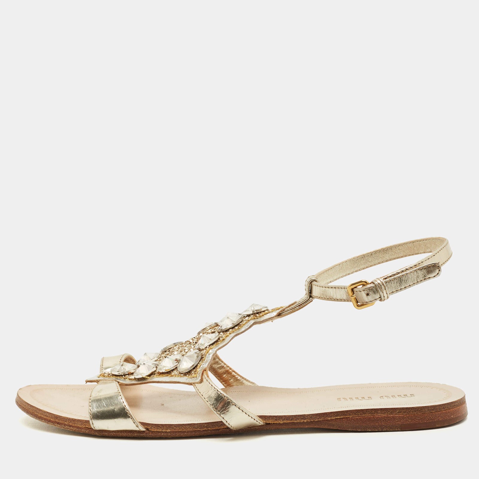 Miu Miu Size 35 Silver Foil Leather Crystal Embellished Ankle Strap Flat Sandals
