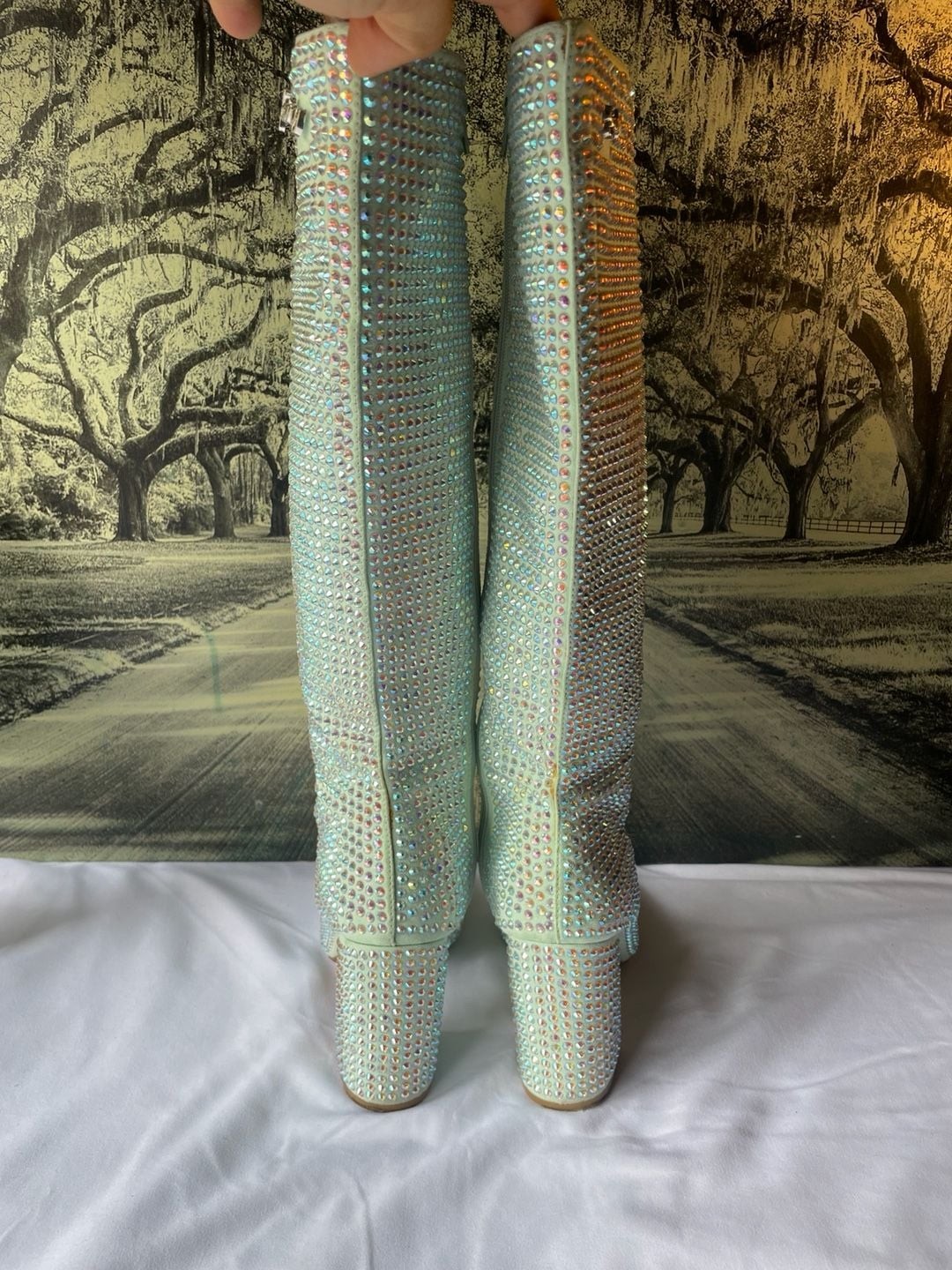 Sparkl Fairy Couture Mint Green AB Rhinestone Knee High Boots Size 9