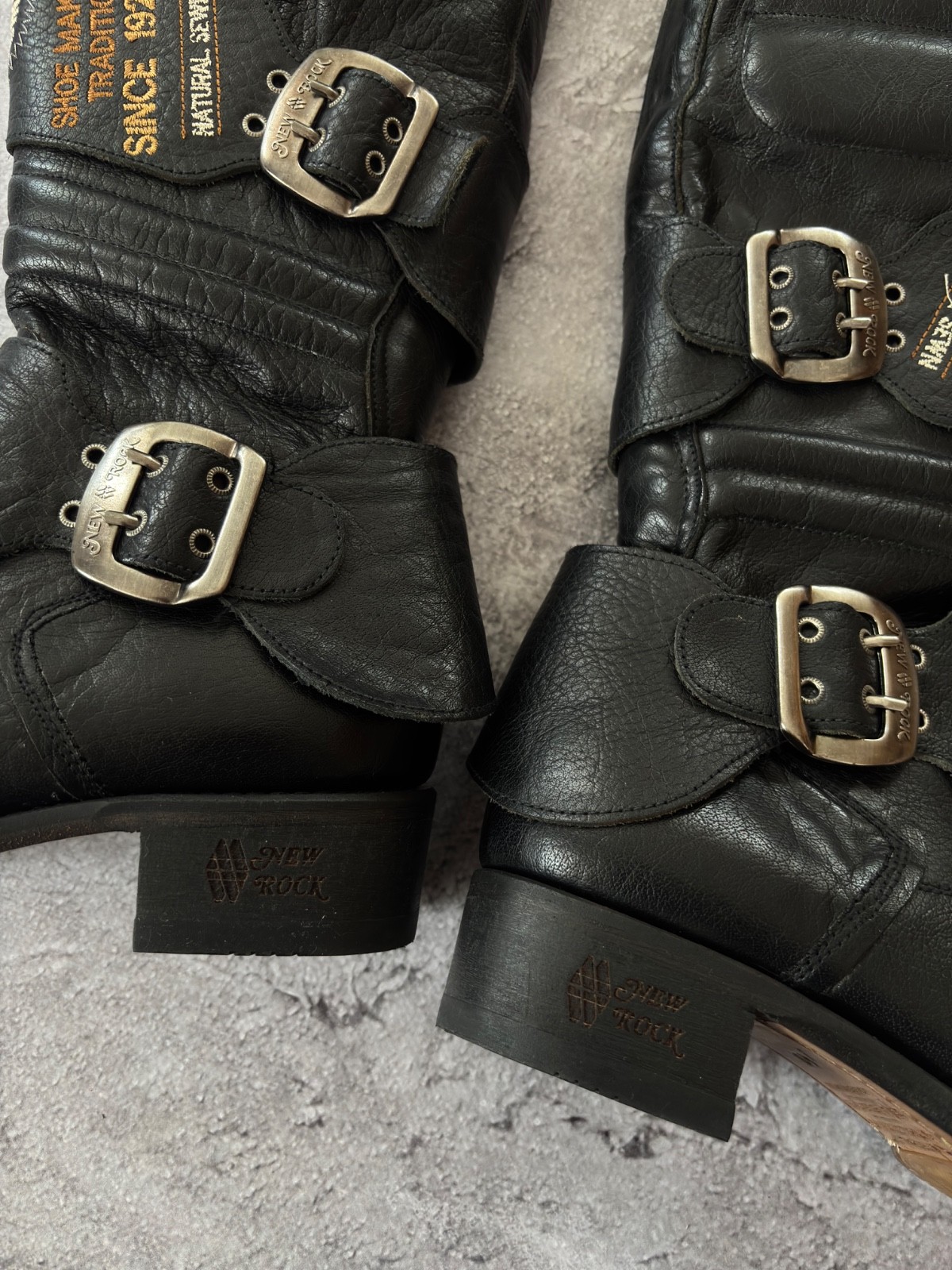 Vintage Biker Engineer Boots Black Leather Made in Spain Buckle Moto Punk Grunge