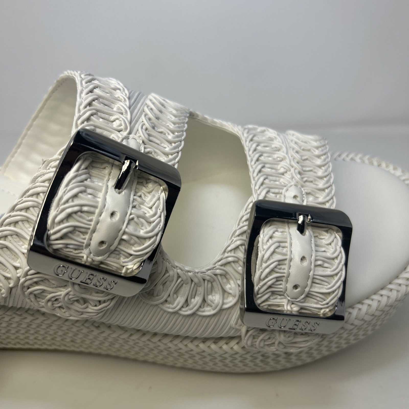 GUESS Binks Woven Platform Sandals Ivory White Double Buckle Wedge Size 10M NIB