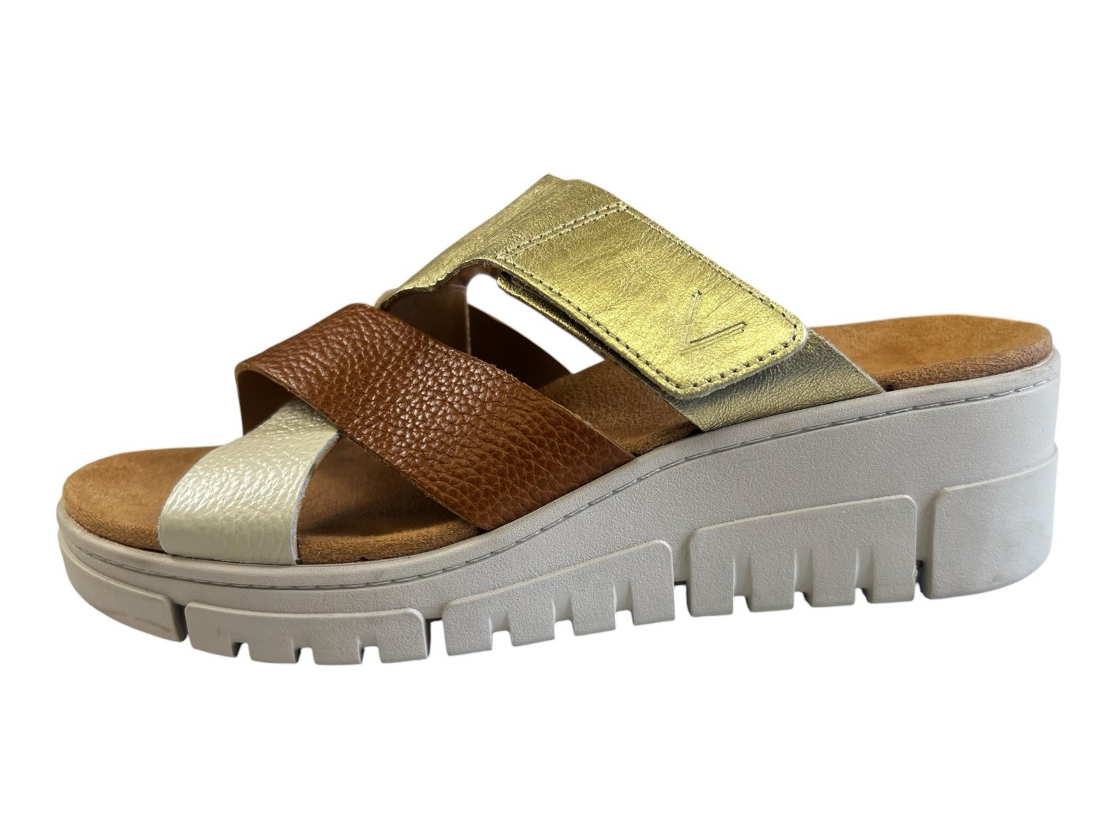 Vionic Uptown Sunset Wedge Slide Sandal Tan Gold Met Leather New Size 7.5