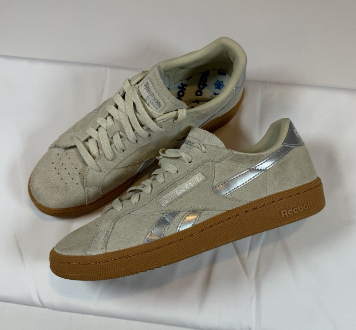 Womens 9 Reebok Silver Club C Grounds Sneakers Lace Casual Gum Sole Walk Shoes