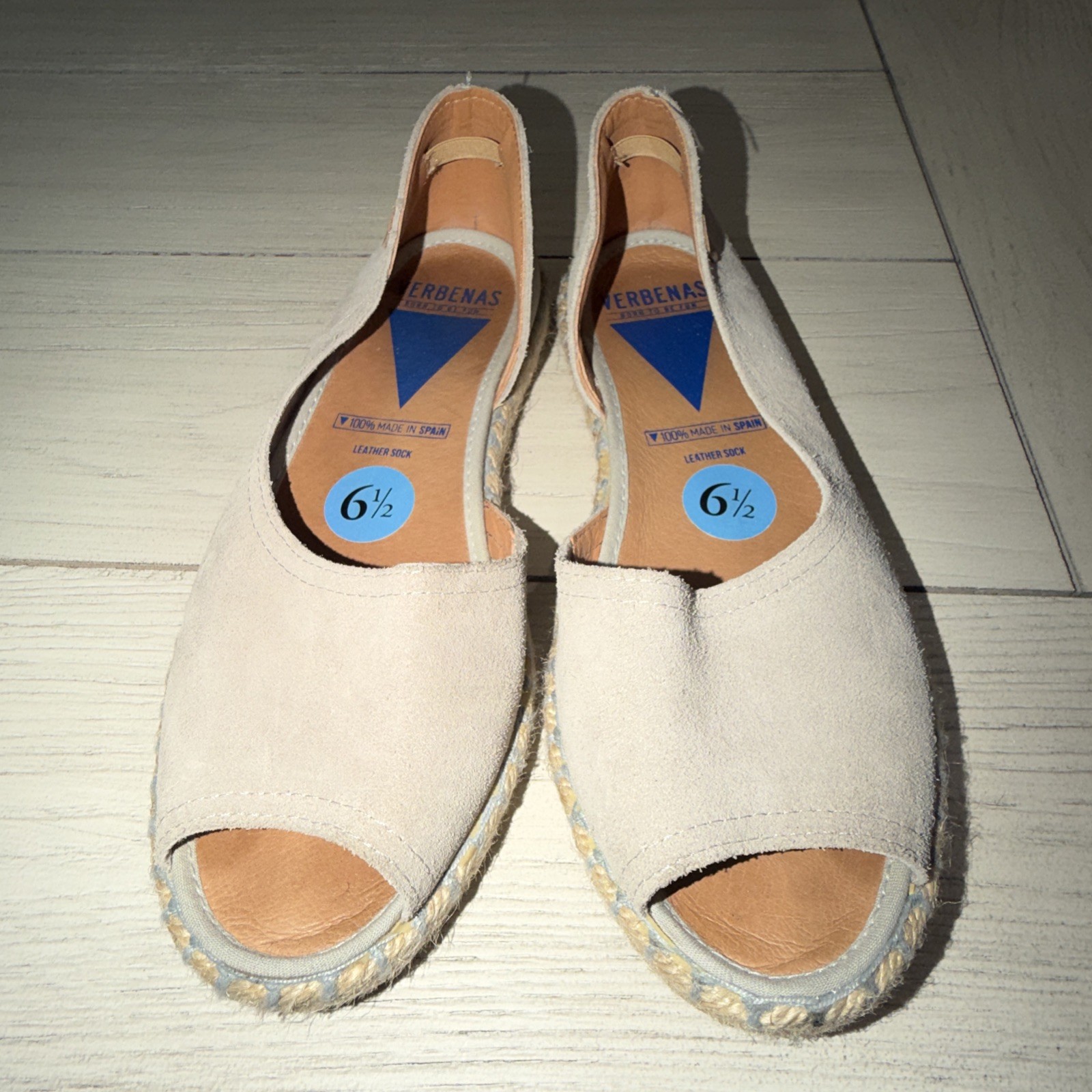 Verbenas Cruz Peep Toe Suede Leather Flats Taupe Espadrille Shoes EU 37 US 7 6.5