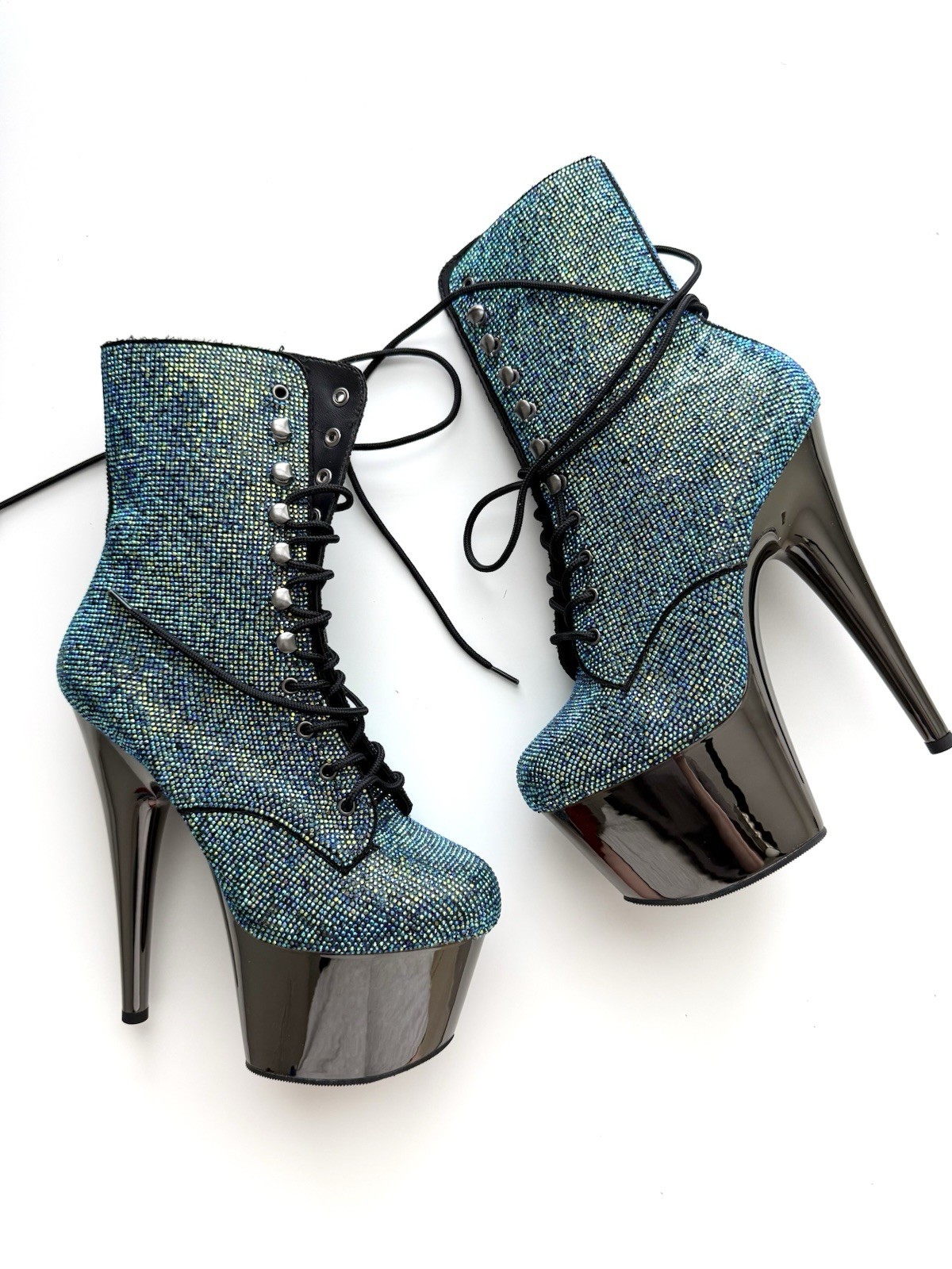 PLEASER Sexy 7″ Heel Chrome Platform Turquoise Rhinestones Covered Ankle Boots