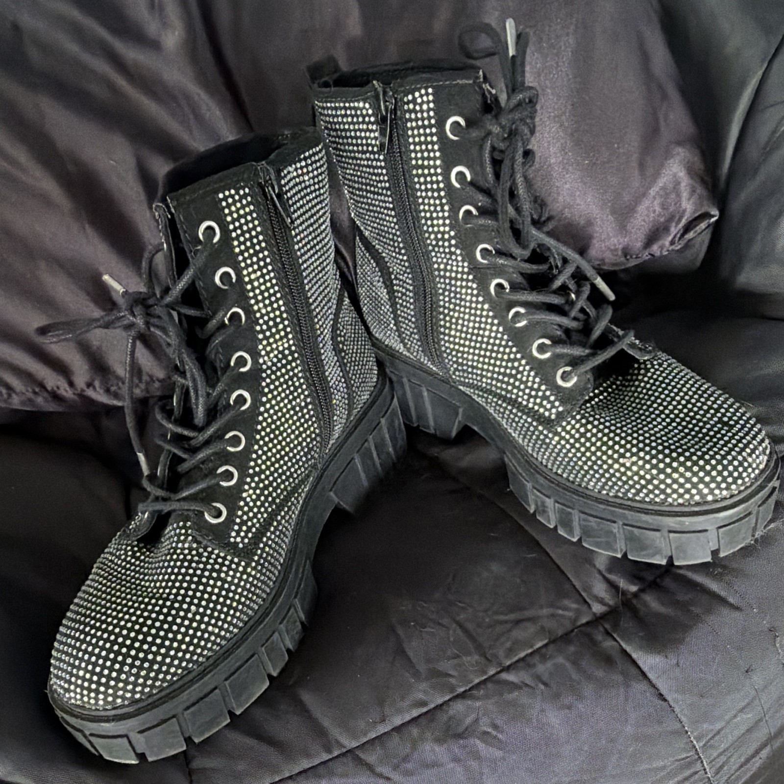 Madden Women’s Combat Ankle Boots Faux Leather Lace-Up Studded Black/Silver 9