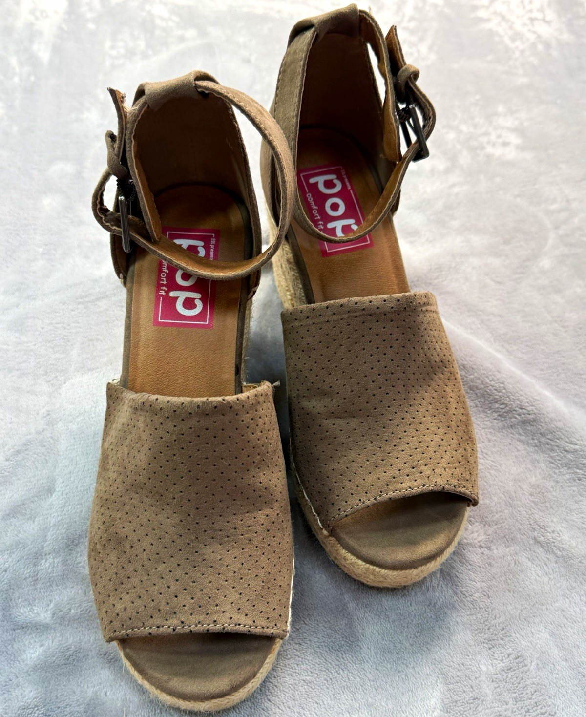 POP Women’s Taupe Suede Espadrille Wedge Sandals Perforated Ankle Strap