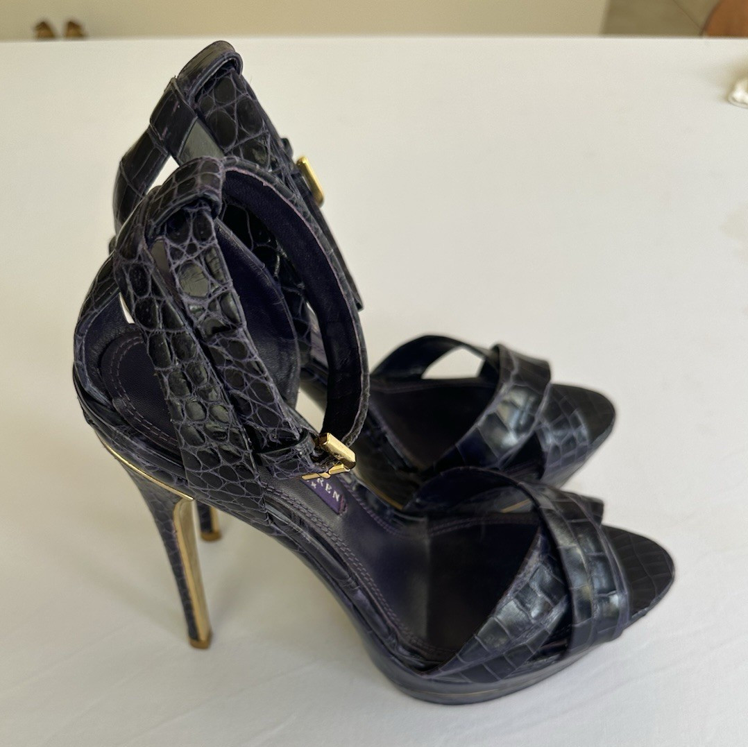 Ralph Lauren Collection Purple Crocodile Platform Open Toe Ankle Strap Heels 8