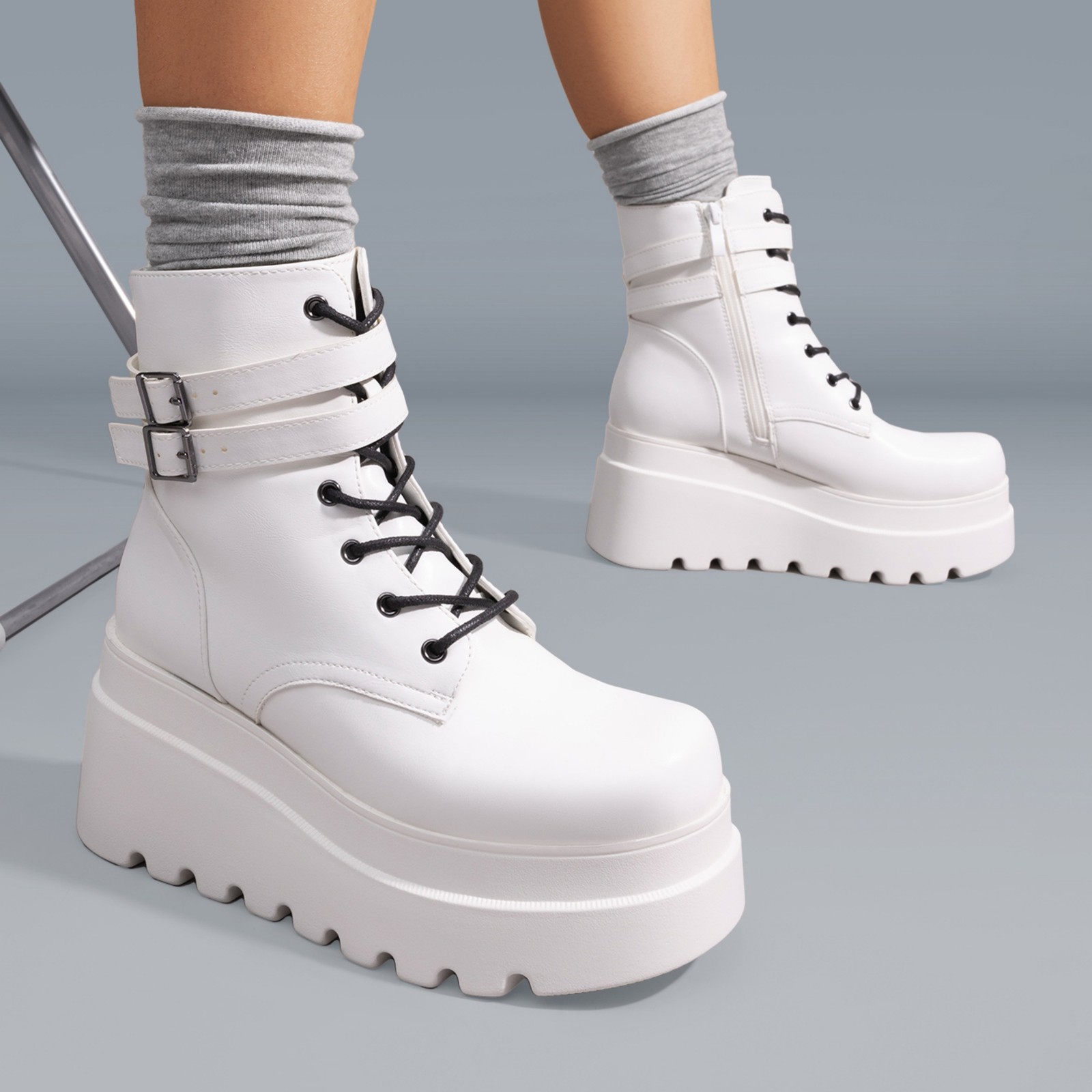 Women Platform Combat Ankle Boots 3.5inch High Heel Lace Up Fall Winter Boots