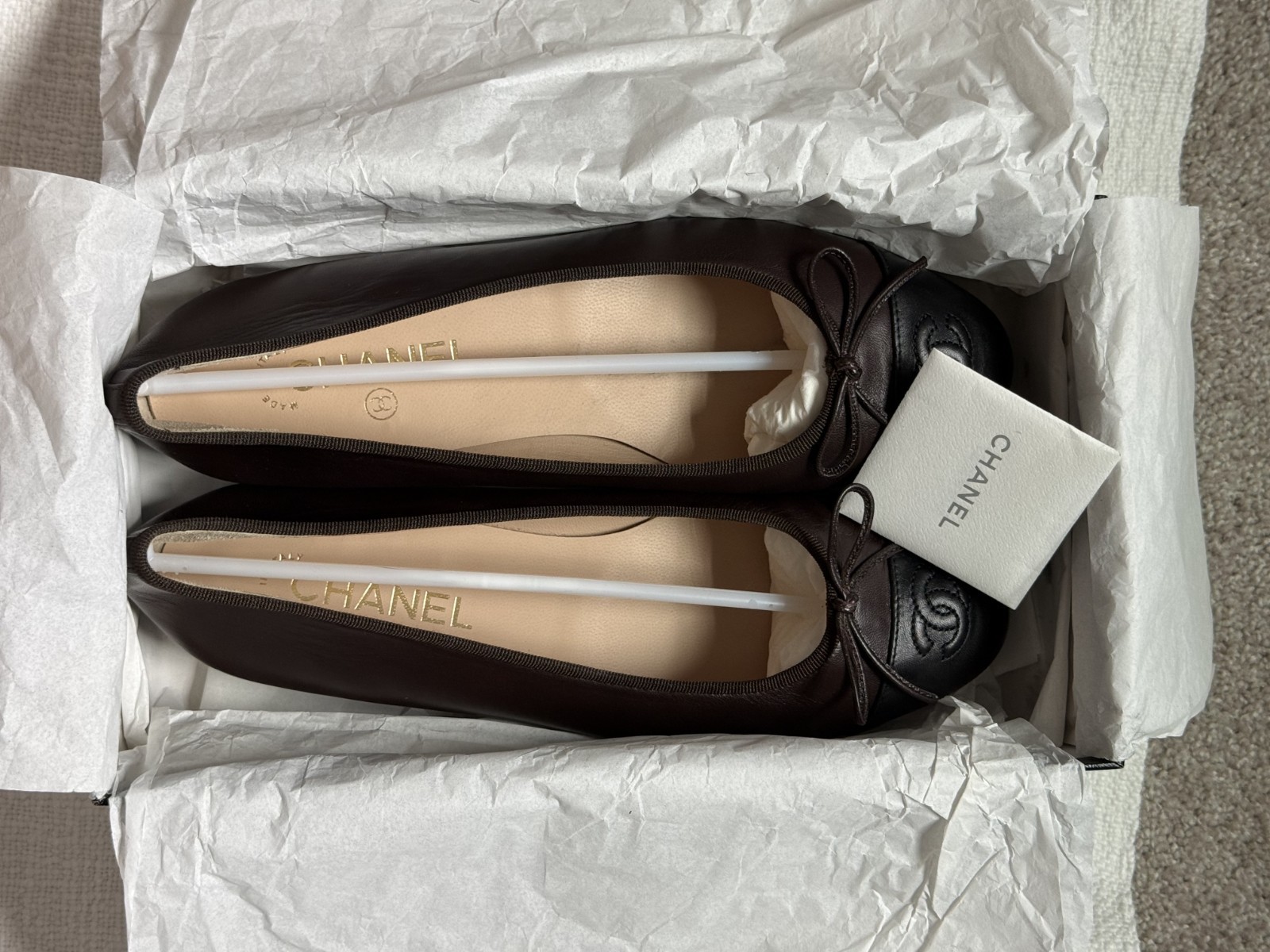 CHANEL Ballet Flats, Brown & Black Lambskin CC Cap Toe (G02819 X01000) w/ Box