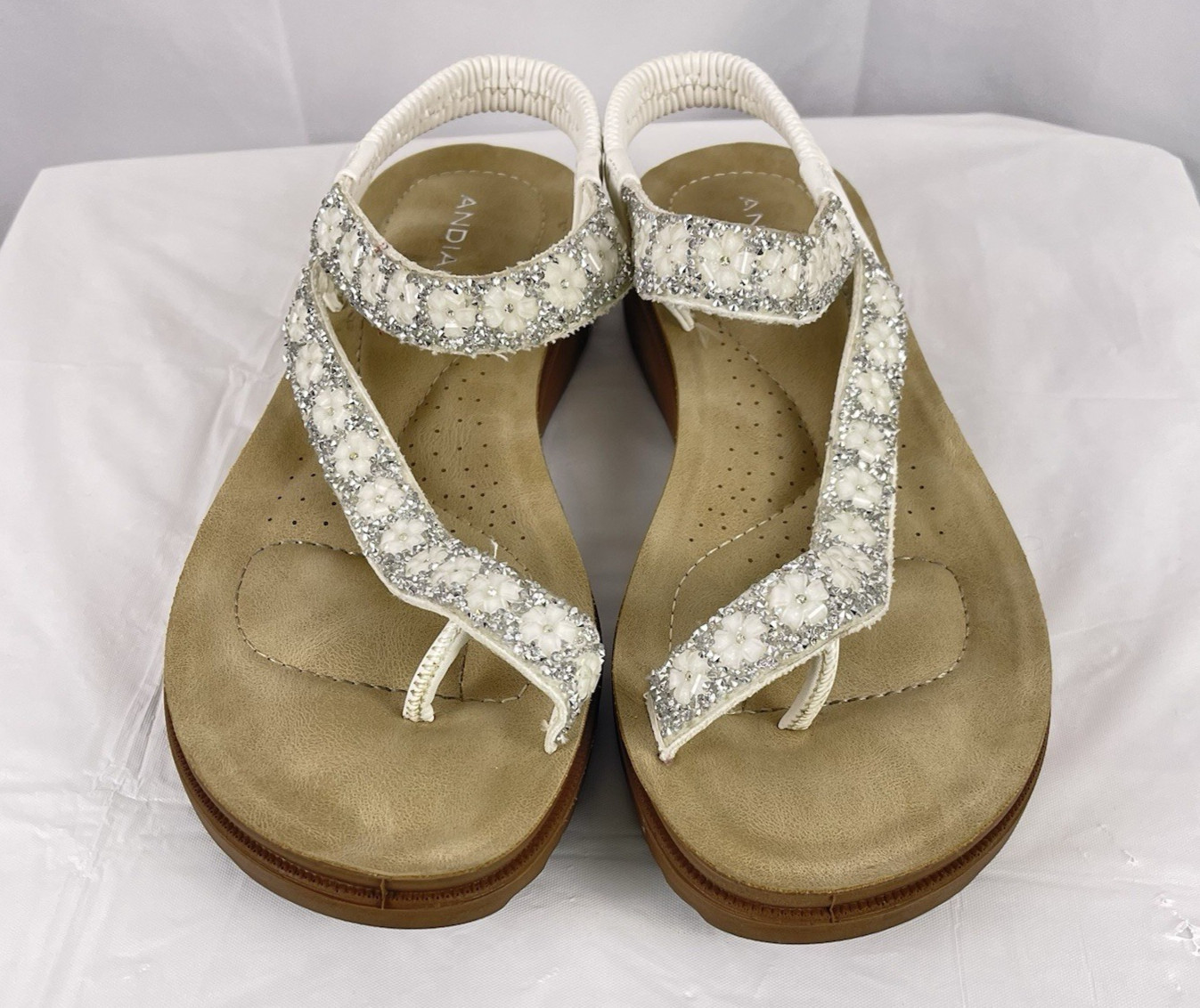 Andiamo Women Sandals 8M White Beaded Rhinestone Slingback Comfort Flat