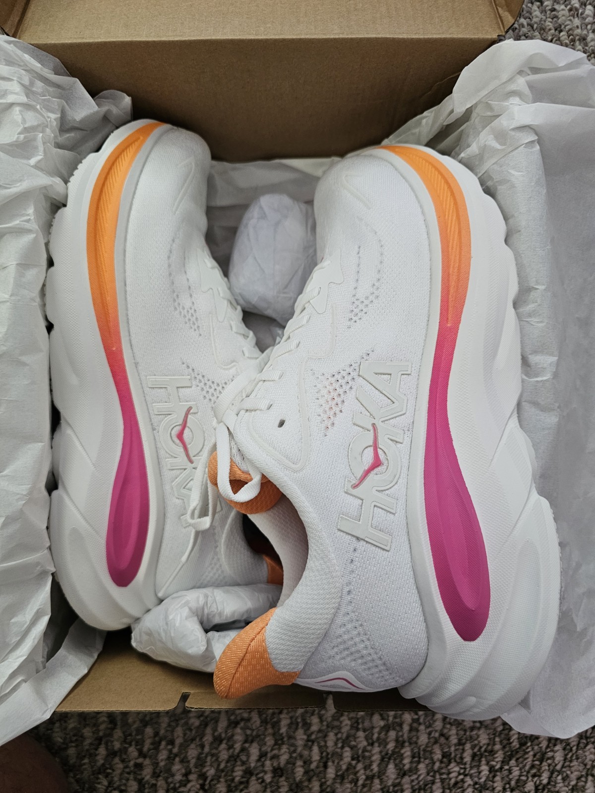 Hoka One One Clifton 10 White Hot Pink/Orange Athletic Running Shoe W 10B WTLC