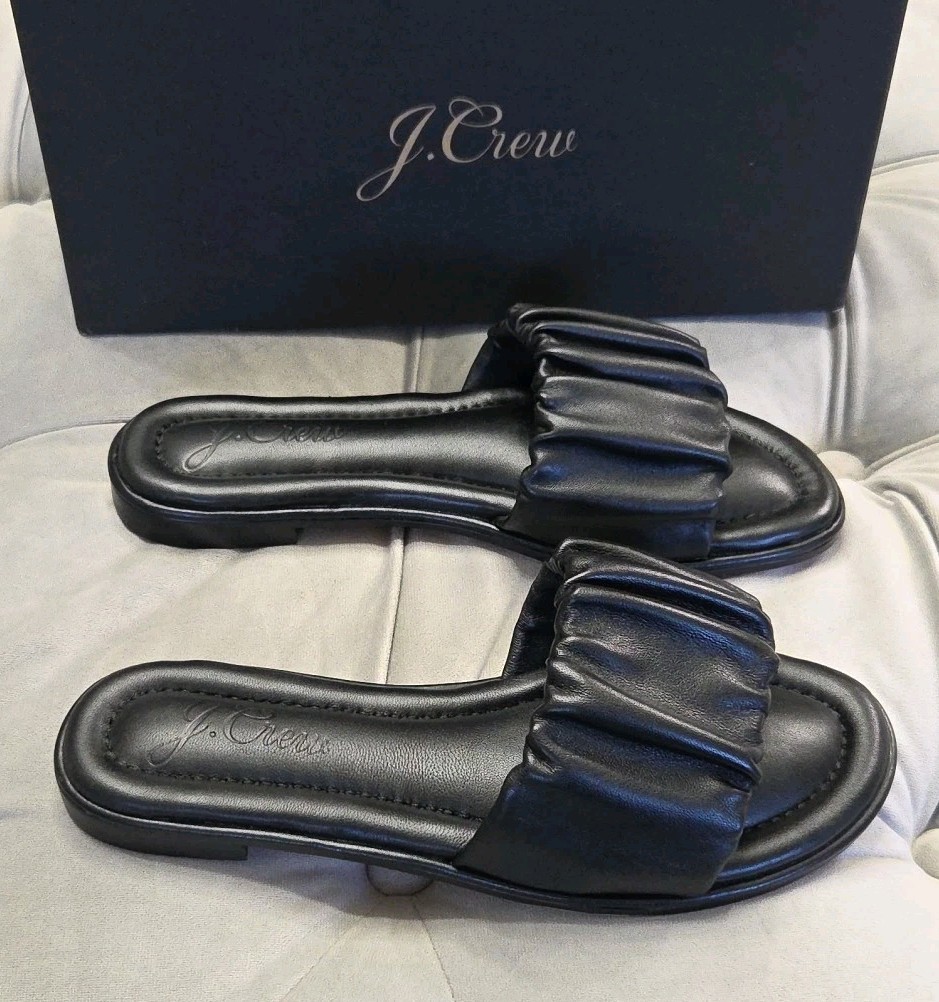 J Crew Single Scrunch Strap Delta Sandal Black Leather Womens Shoes 5 New In Box