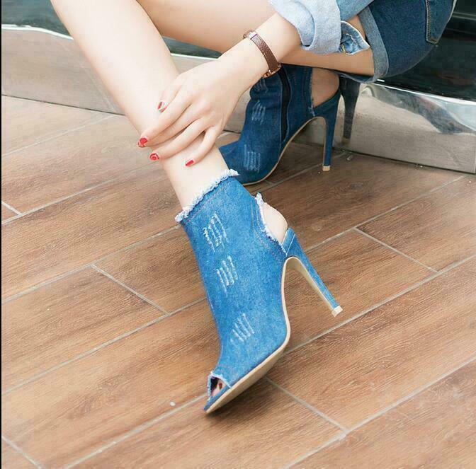 Women Open Toe Slingback Ripped Jeans Ankle Boots Denim Side Zip Stilettos Heels
