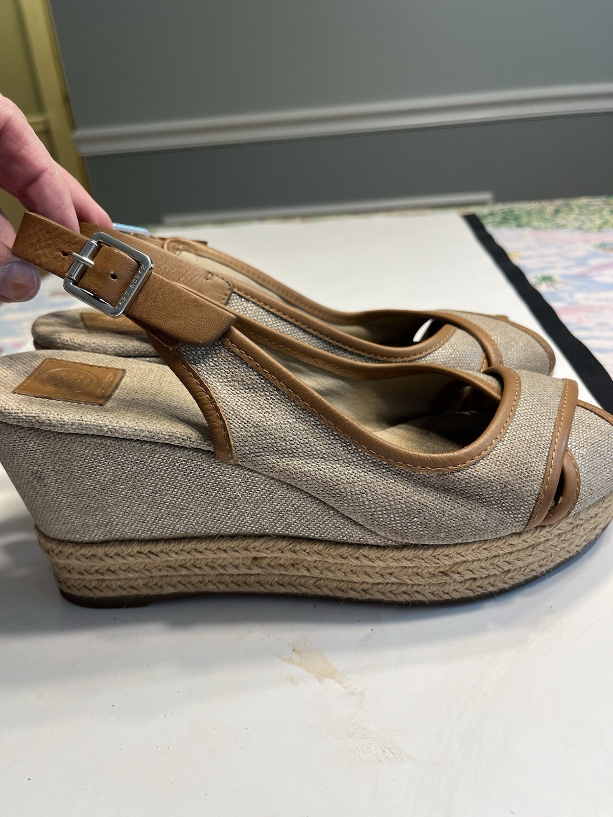 Tory Burch Majorca Beige Canvas Tan Peep Toe Platform Slingback Wedge 8