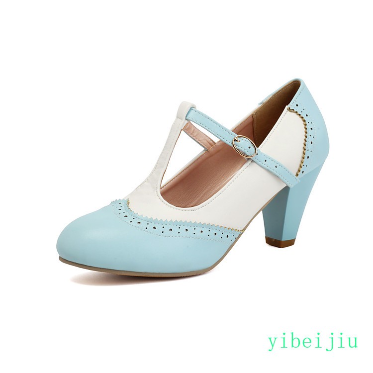 Women’s Low Heel Mary Jane Two Tone Colorblock Shoes T Strap Patchwork Casual OL