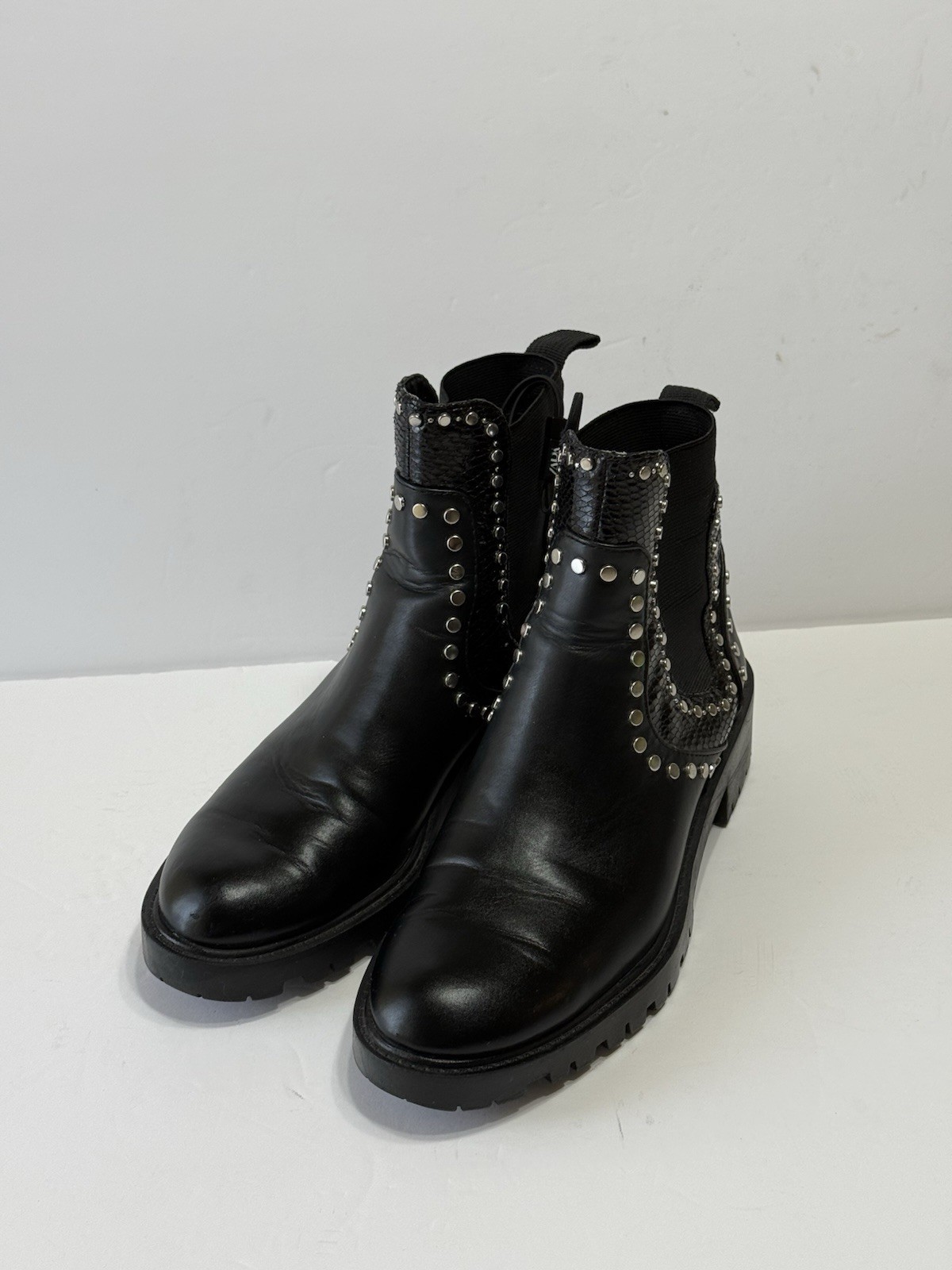 ZARA Black Studded Chunky Lug Sole Biker Ankle Boots Women’s Sz 37 (6.5)