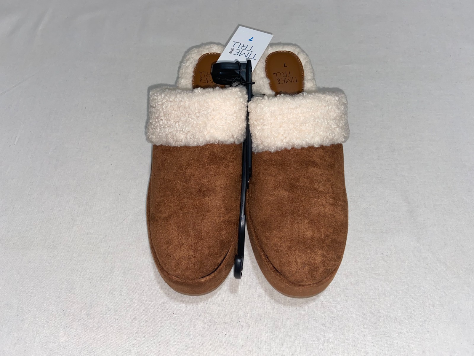 Time & Tru Women Wedge Clog Slippers Chestnut Brown Faux Shearling Platform NEW
