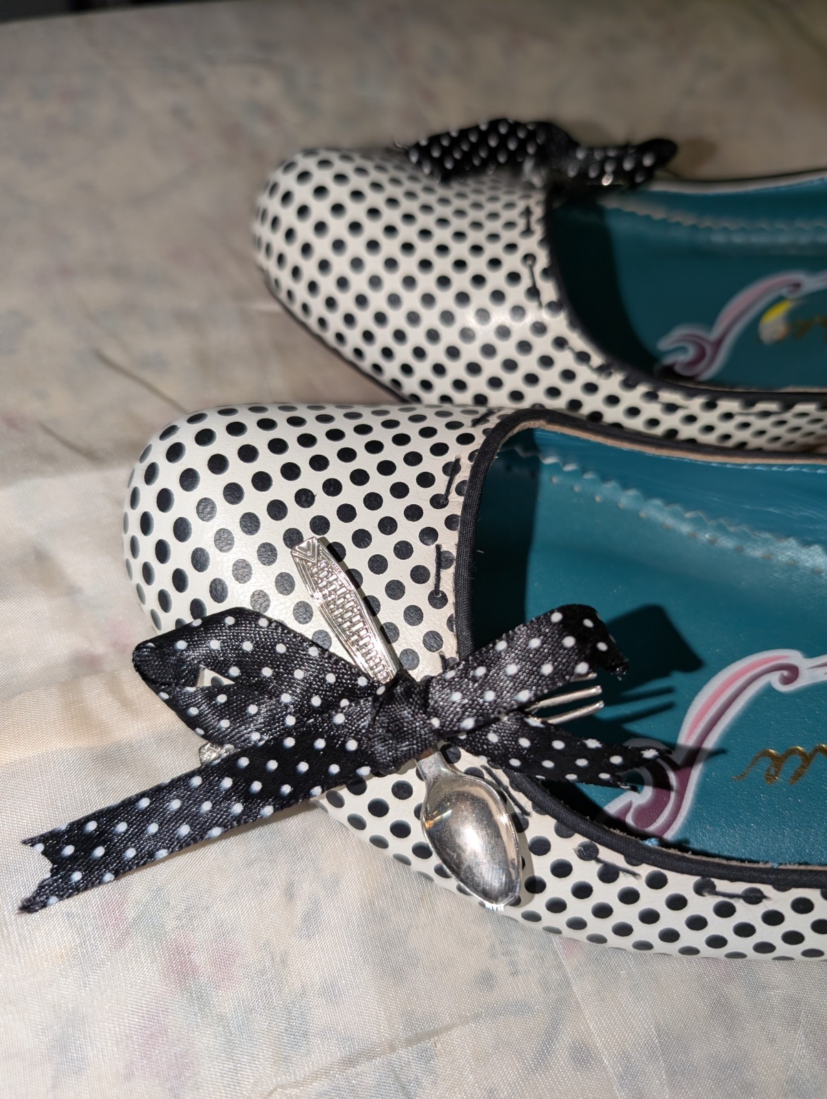 Black White Polka Dot Spoon Teapots Kitten Heels Irregular Choice 8.5-9