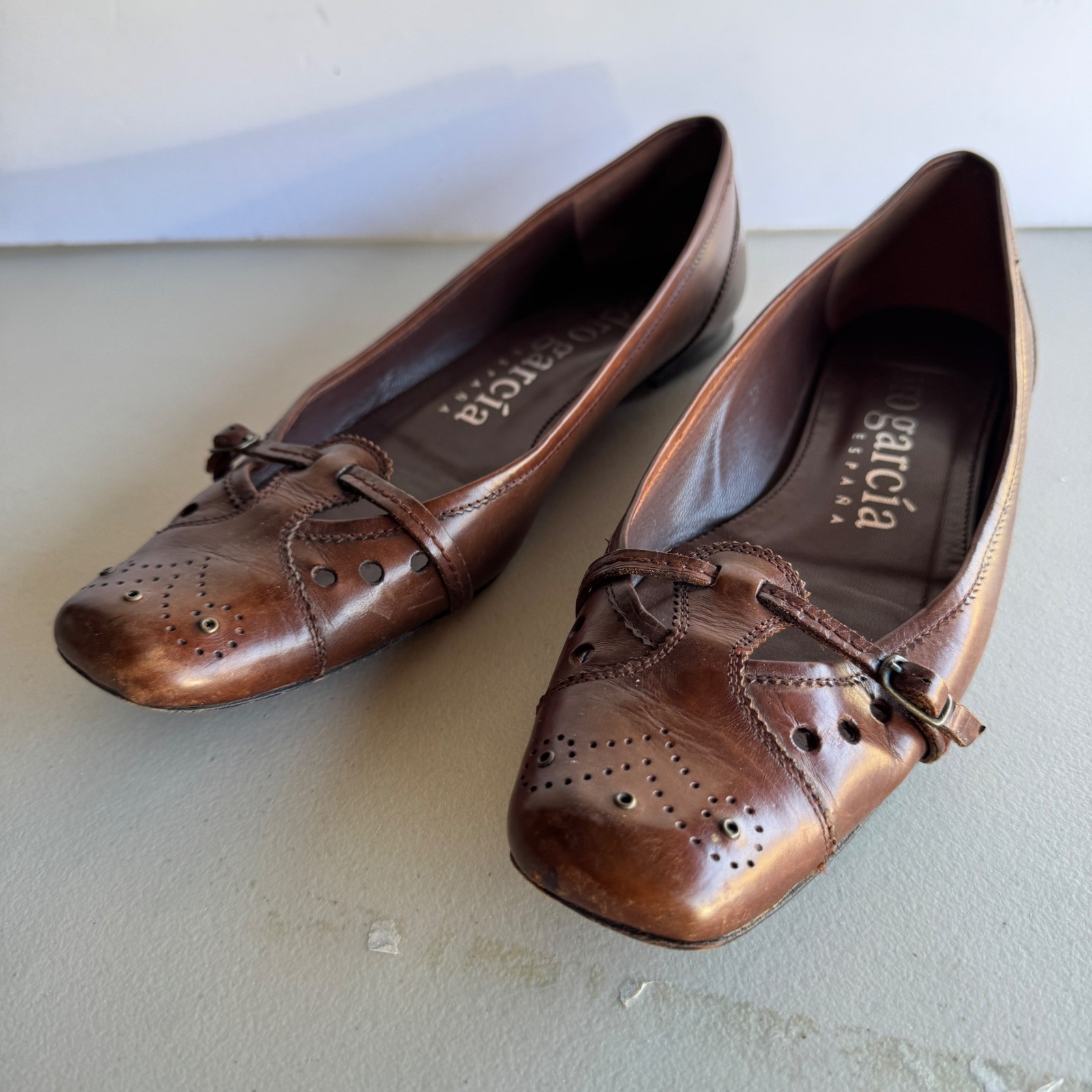 Pedro Garcia Ballet Flats EU 39.5 Brown Leather Vintage Brogue Buckle Spain