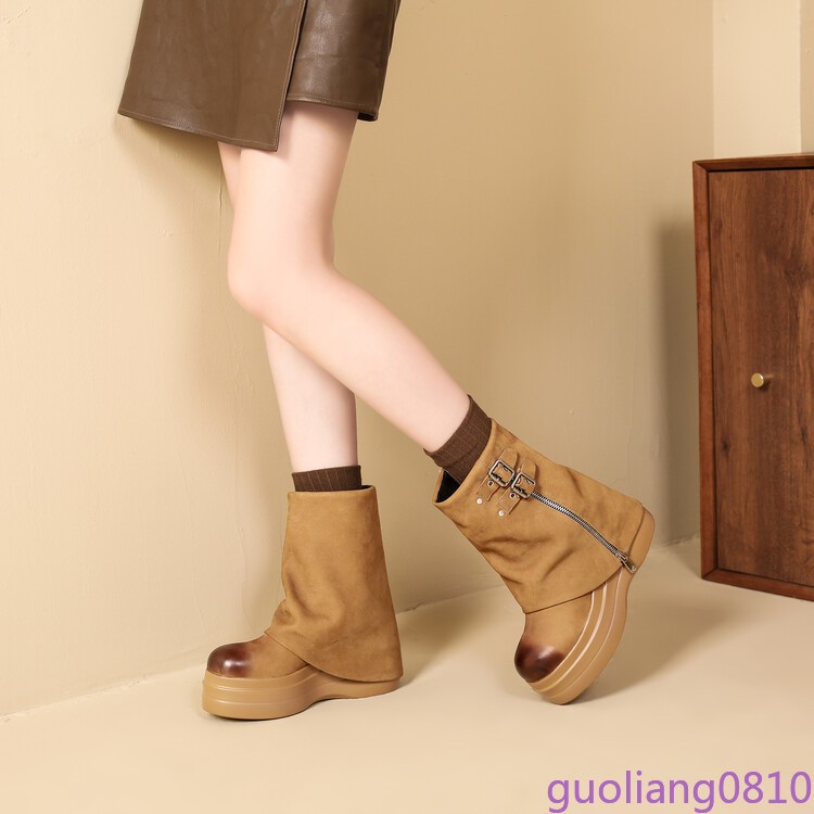 Women’s Leather Ankle Boots Round Toe Shoes Side Zip Wedge Heel Platform Fashion