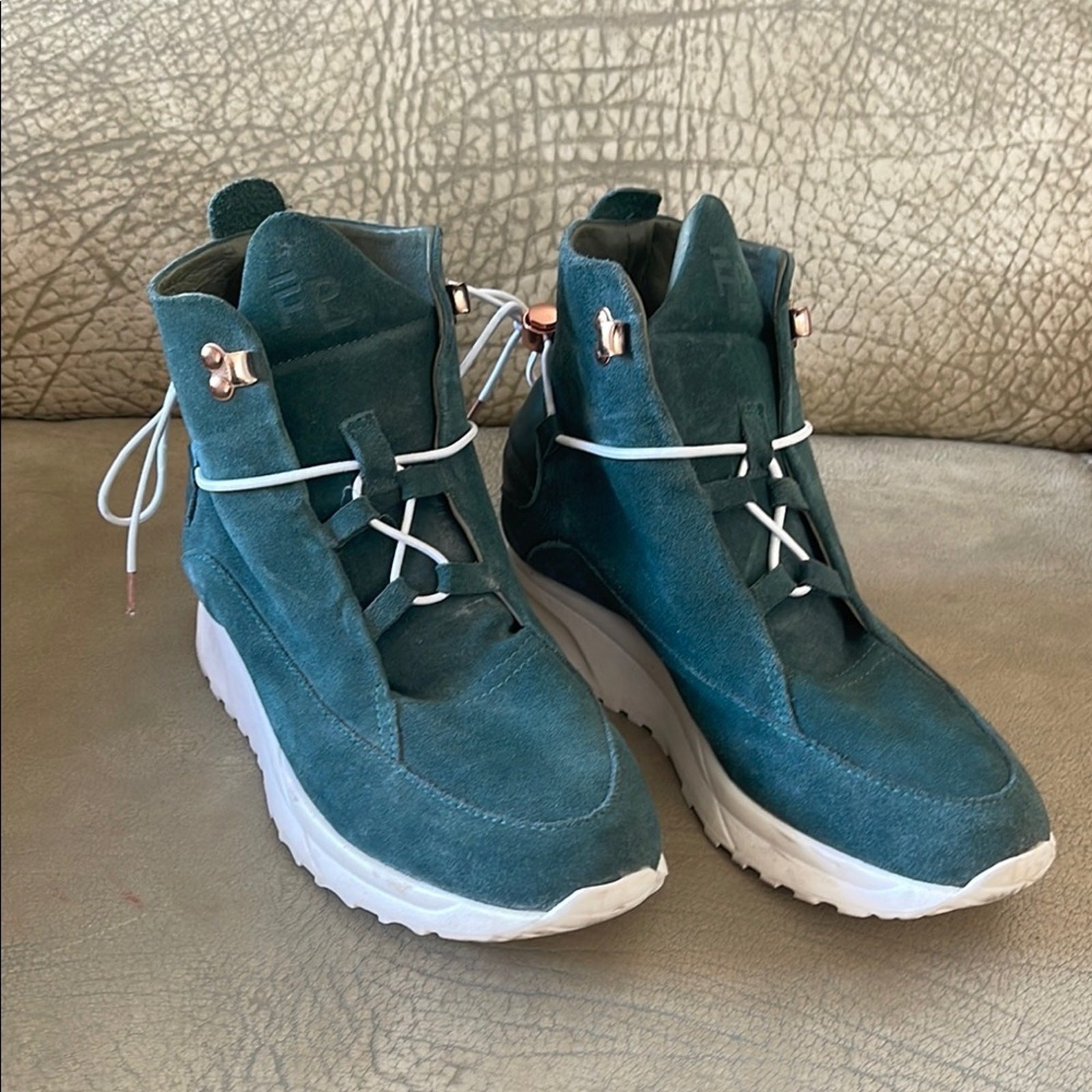 Filling Pieces Teal Hand Crafted Modern High-Top Women Leather Sneakers Size 38