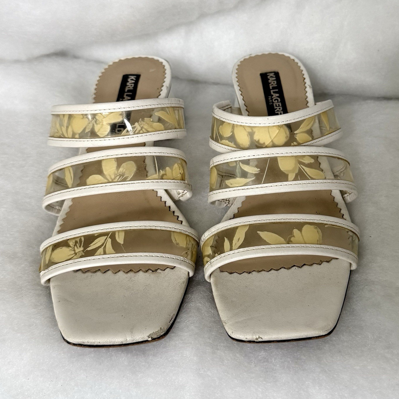 Karl Lagerfeld Paris Women’s Leather Floral Logo Slide Sandals Block Heel 9.5