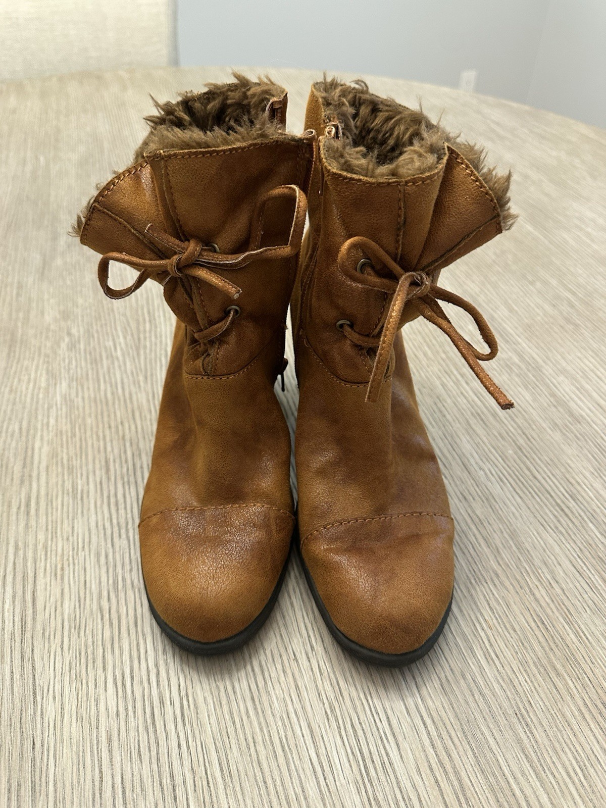 Aerosoles Brown Faux Leather Ankle Boots Faux Fur Lined Lace Up Zip Heel Booties