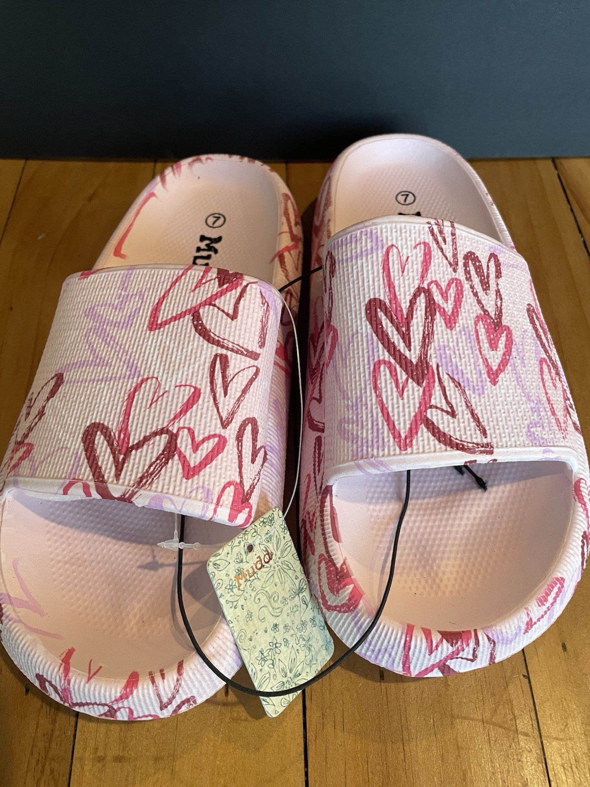 Mudd Girls Slide Sandals Size 7 Pink Heart Print Pool Slides New With Tags