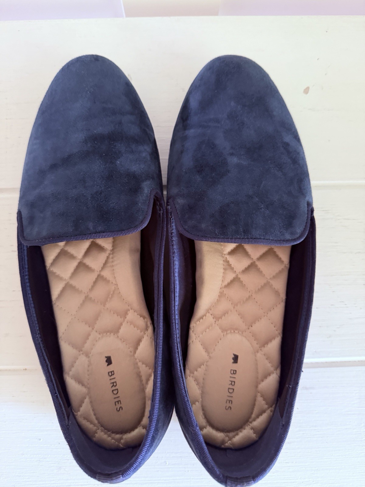 Birdies The Starling Loafers Wms 9.5 Navy Blue Suede Quilted Comfort Flats EUC