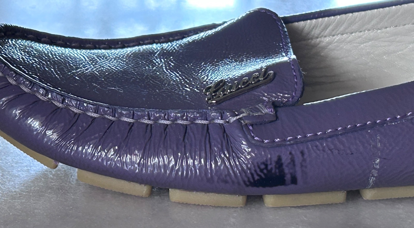 GUCCI Purple Patent Leather Script Logo Driving Loafers Shoes Womens 36 Italy
