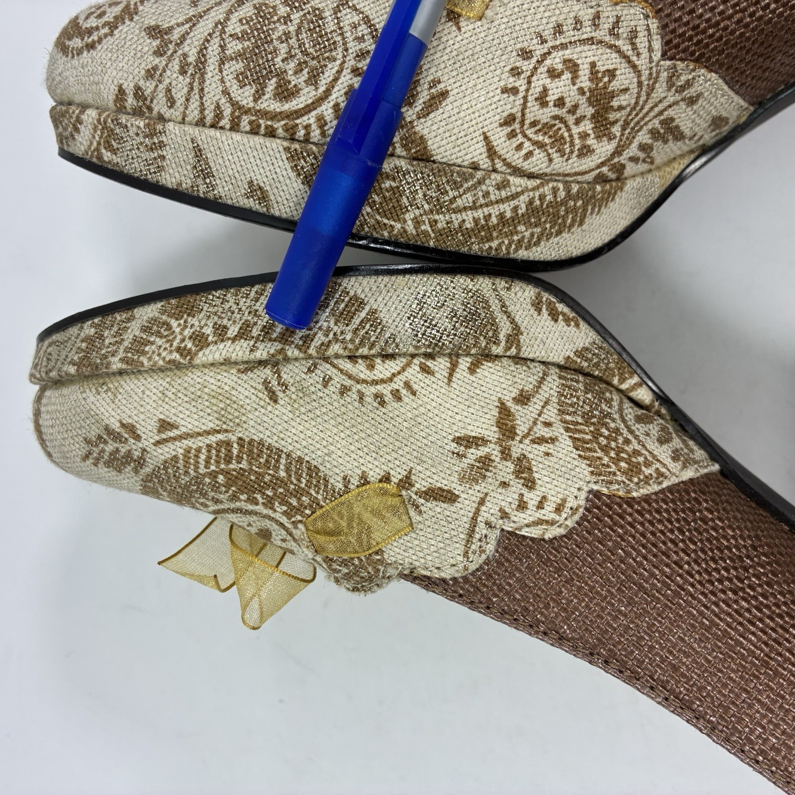 Mudd Y2K Adagio Heels Linen Floral Tapestry Wood Heels 11 Brown Paisley Regency