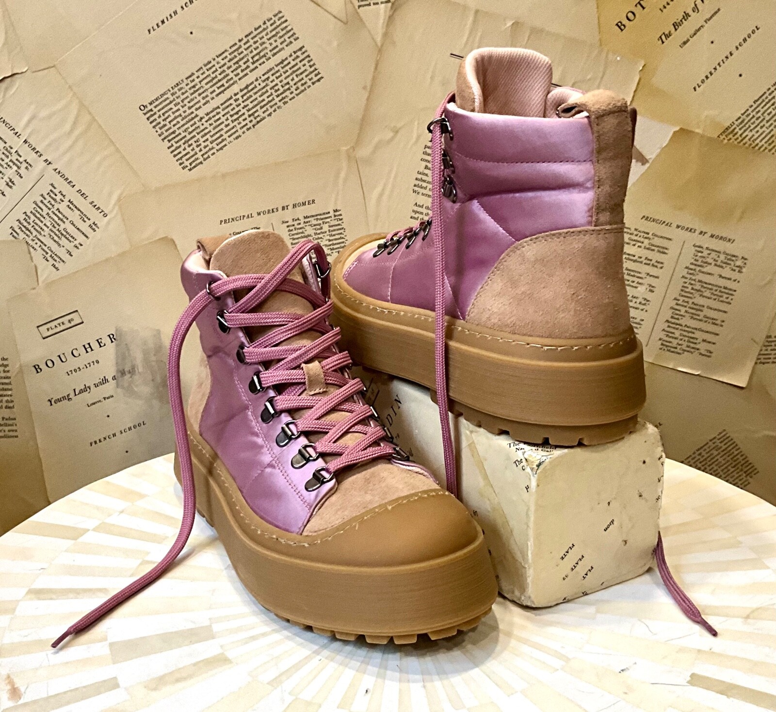 Anthropologie Maeve Hiker Boot Pink Satin Tan Suede Rubber Lace Up 40/ 9-9.5 NEW