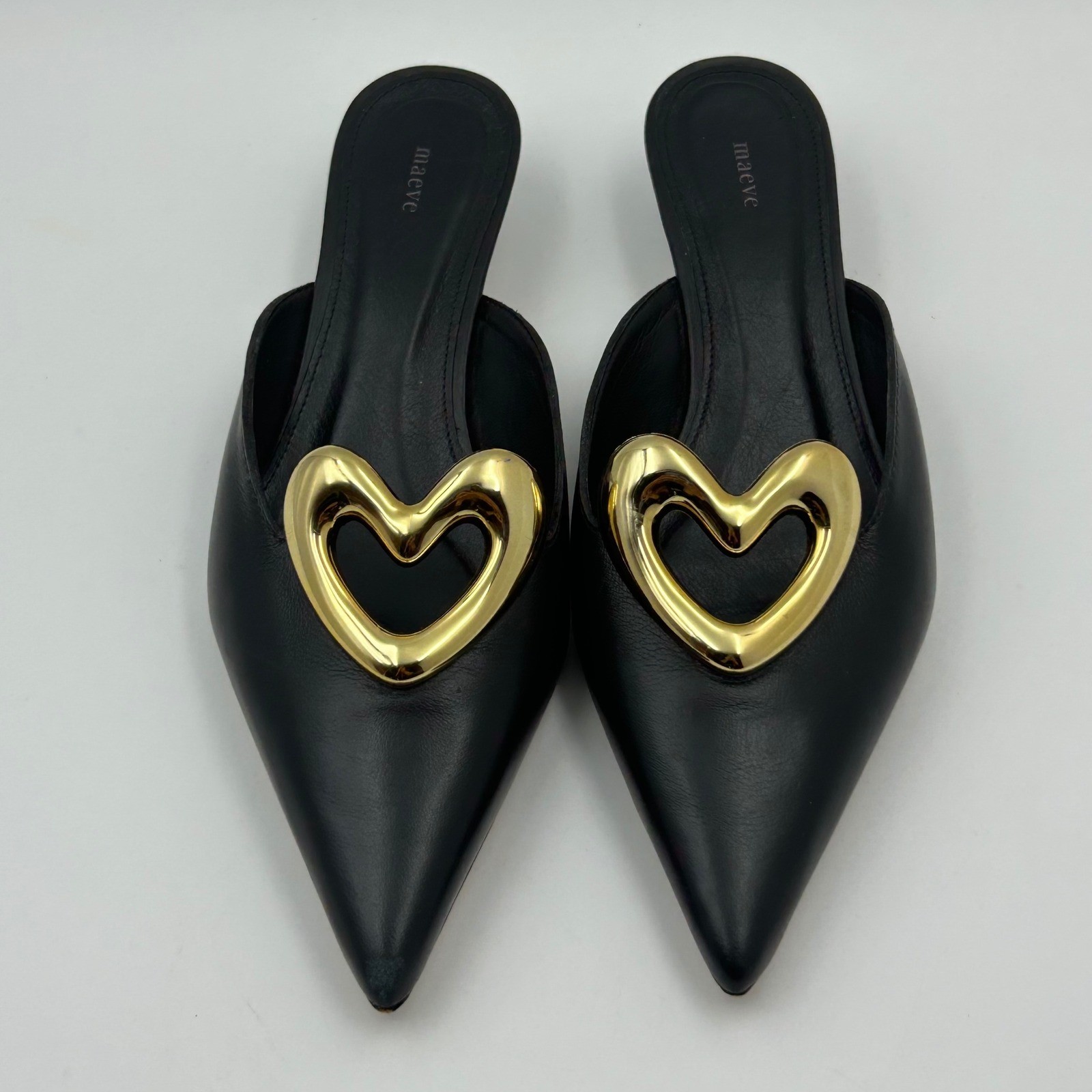 Maeve Heart Mules Women 37 Black Gold Pointed Toe Kitten Heel Quiet Luxury Chic