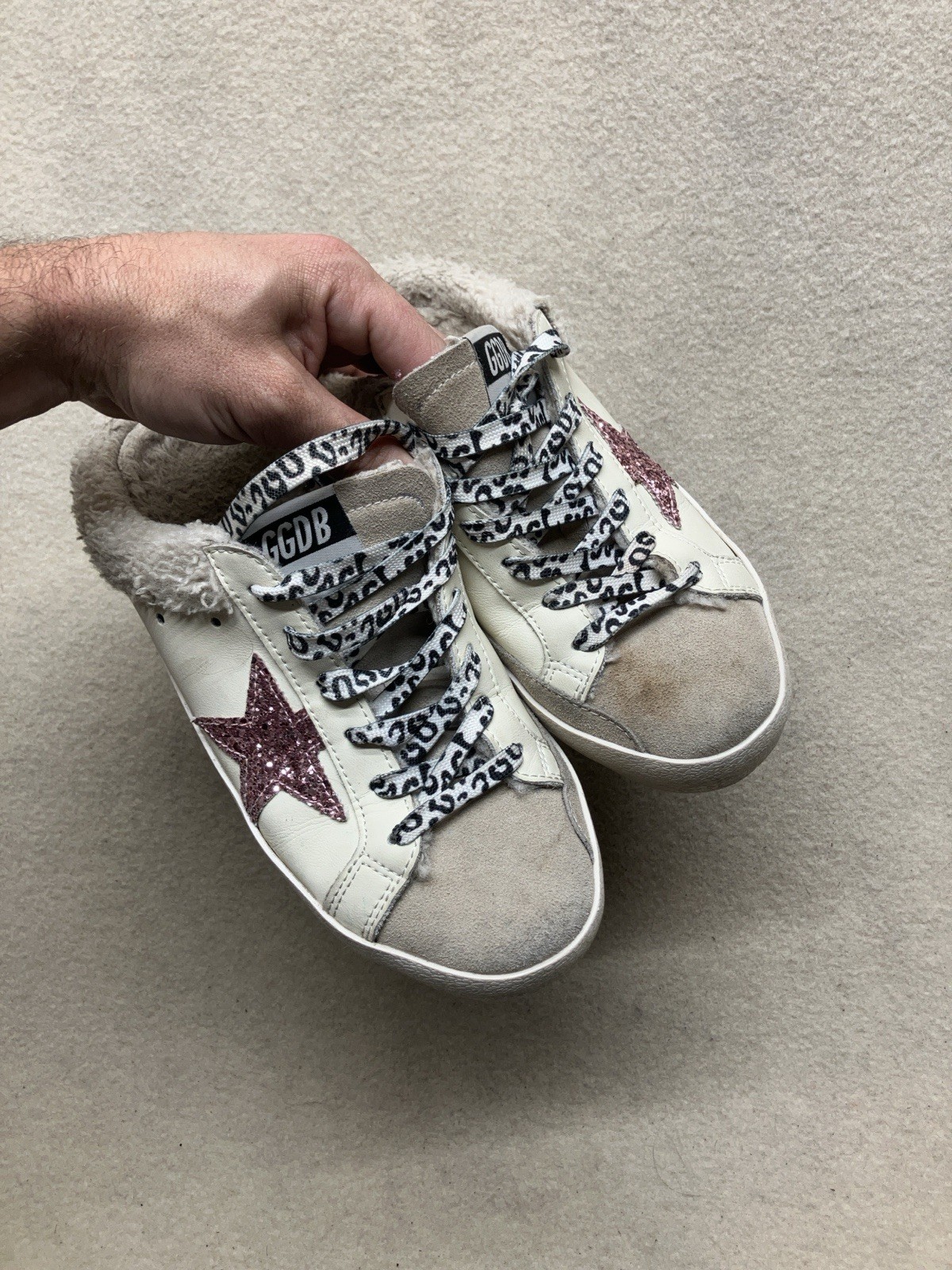 GOLDEN GOOSE Women’s 39 Super Star Sabot Mule White Leather Pink Star Glitter