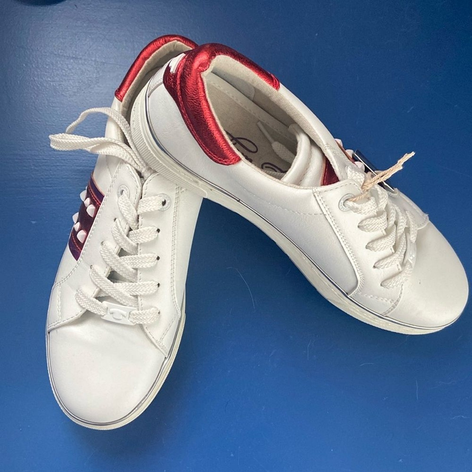 TOM TAILOR white leather tennis shoes studs metallic pink red 39 NEW