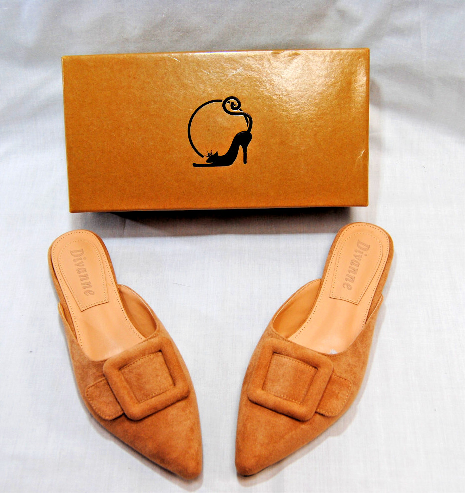 Divanne Womens Buckle Flat Backless Mules Pointed Toe Suede Pull On Shoes T2335