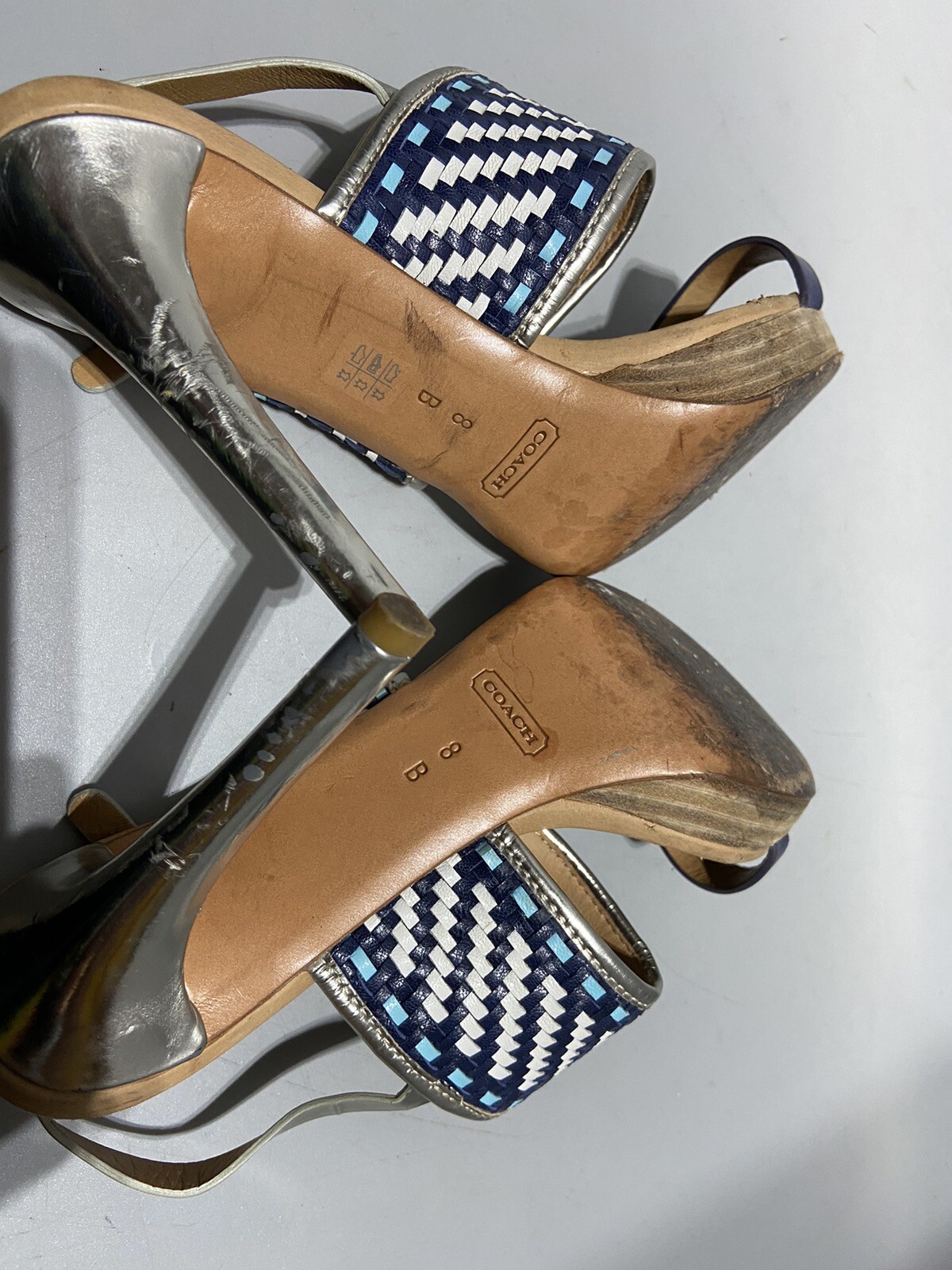 COACH Steffi Heels Pumps Slingback Shoes Blue Tan Silver Women’s Size 8B Q1861