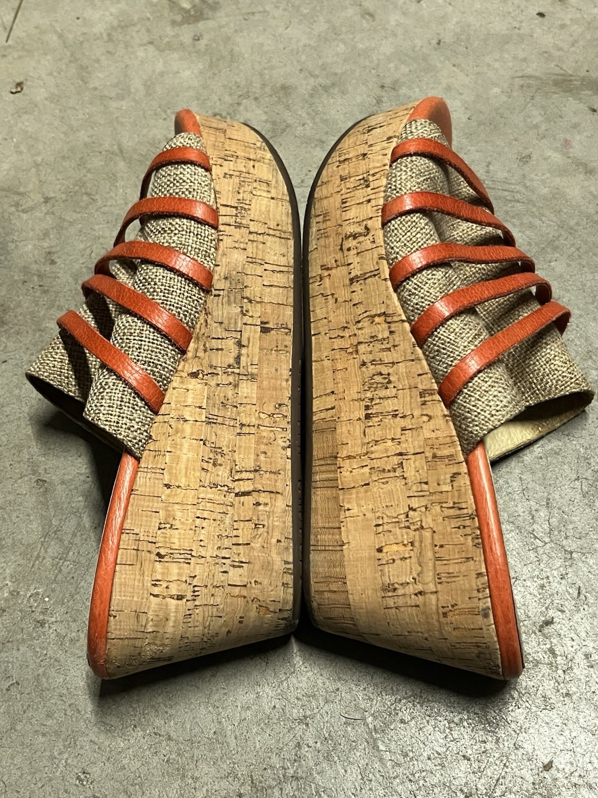 RARE Chocolate Blu Wapi orange & beige woven textile leather wedge sandals 8 M