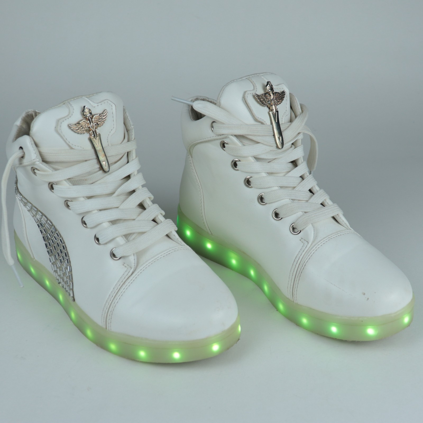 Women’s USB LED High Top Simulation Sneakers Size 7 Dance – White, Rhinestone