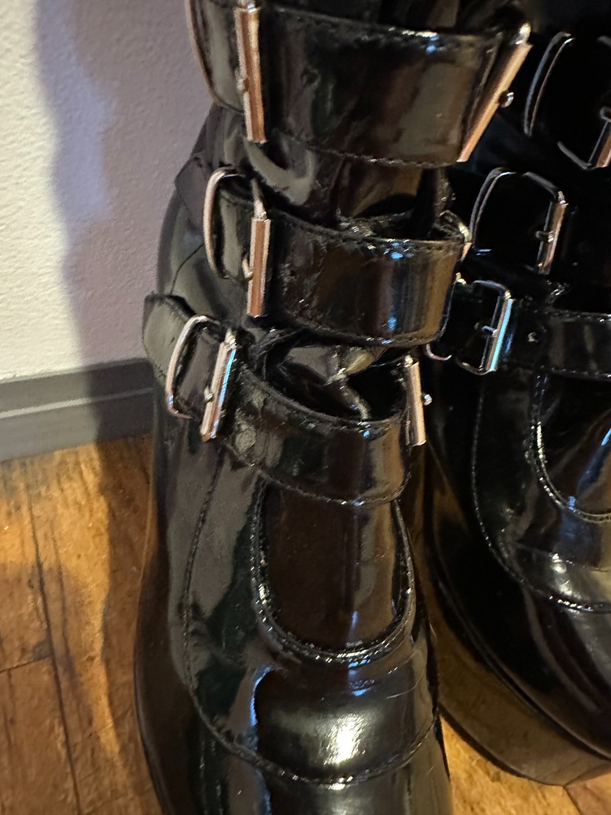 Demonia knee-high Patent Leather Boots, s8, silver hardware adjustable buckles