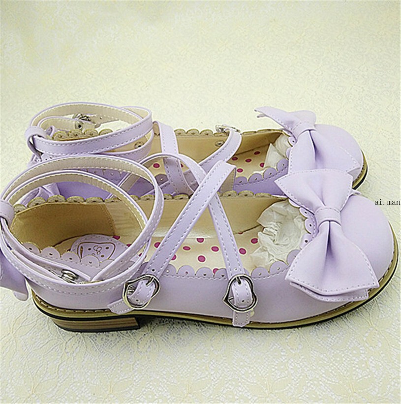 Women Lolita Low-heeled Mary Jane High Heel Cross Straps Bow Knot Princess Shoes