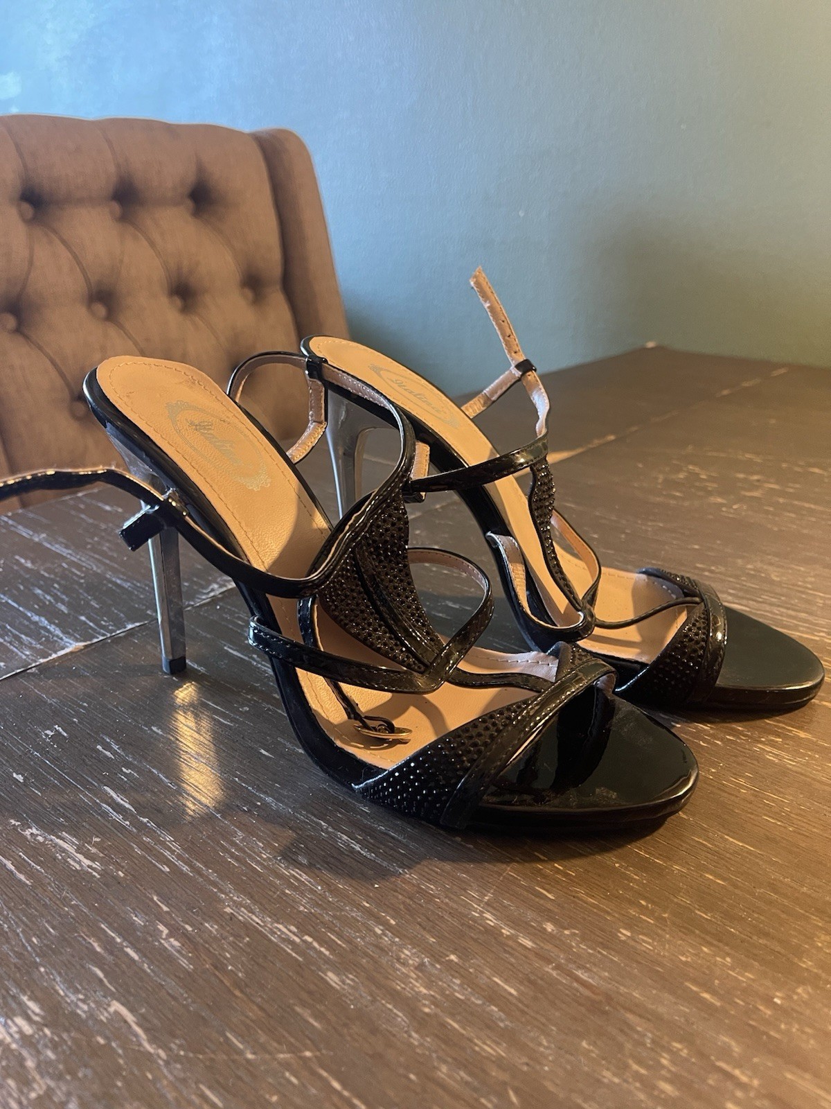 Women’s Black Strappy Open Toe Ankle Strap Buckle Stiletto Heels US 8