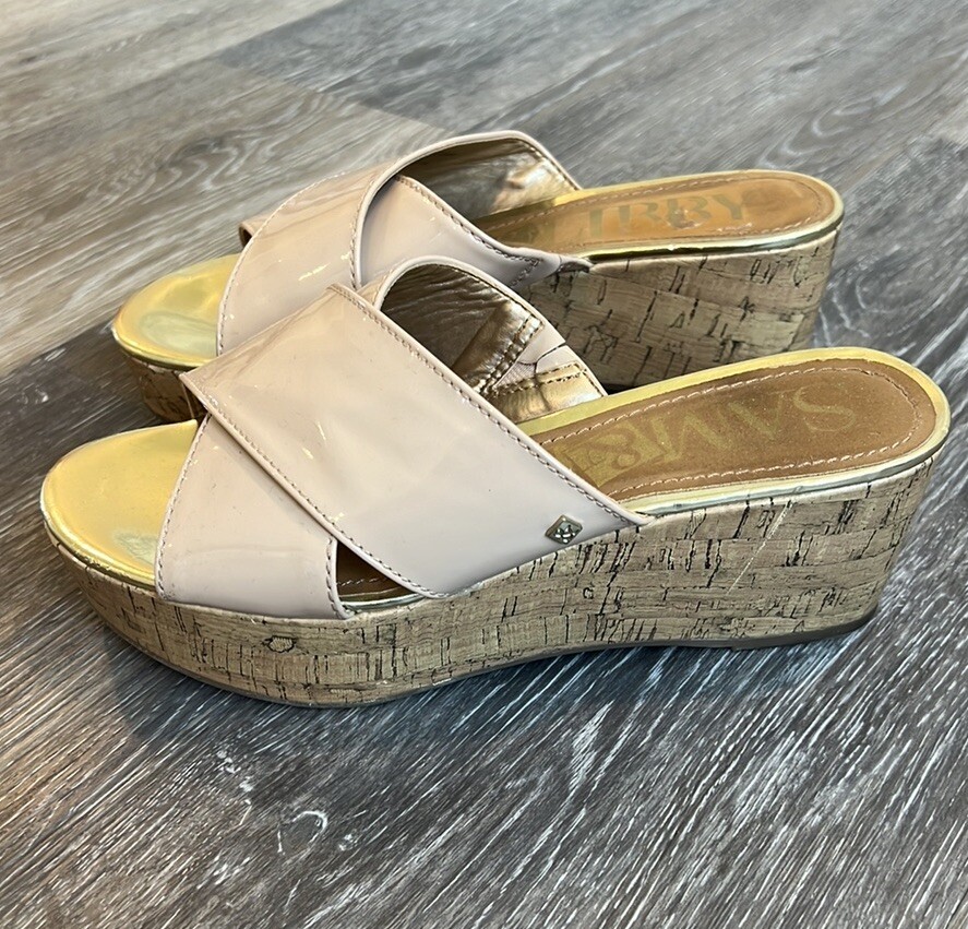 Sam & Libby Wedge Sandals Tan Gold Womens Size 6