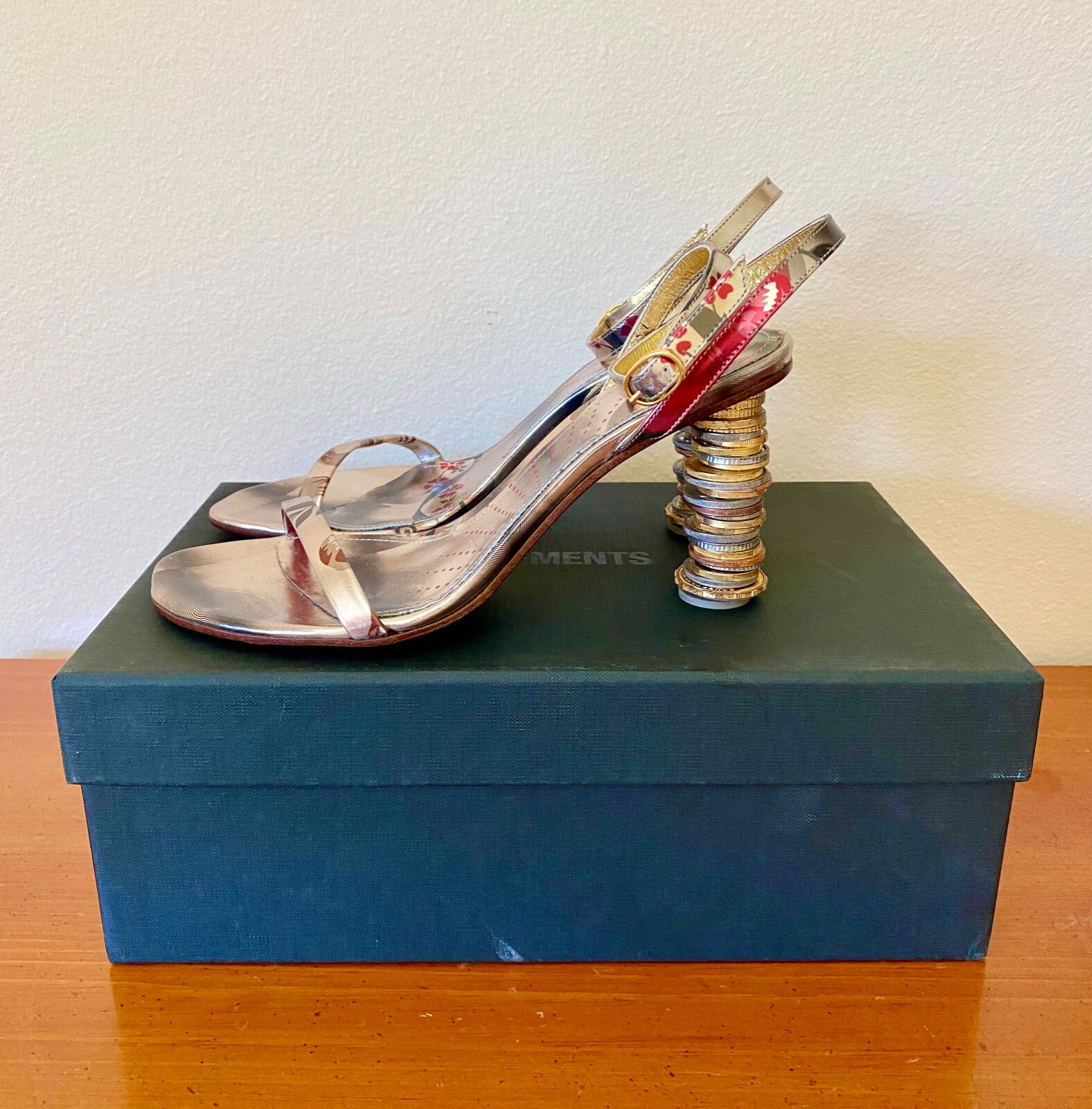 Vetements Gold Silver Money Stackable Coins Flowers Leather Rare Sandals. 37