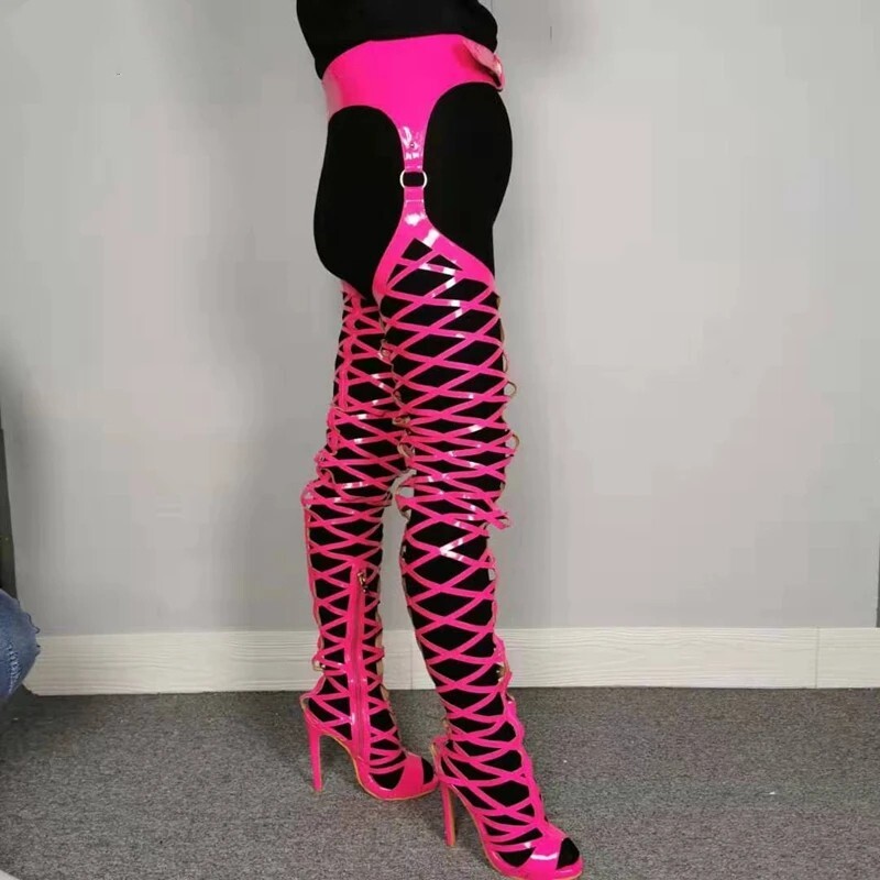 Women Boots Neno Bright Fishnet Crotch Thigh High Boots With Waist Belt Open Toe